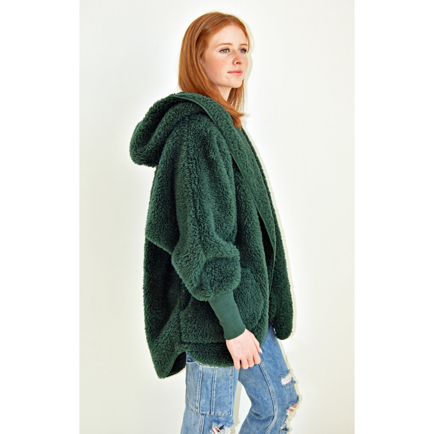 Nordic Beach Fuzzy Fleece Hooded Cardigan in Emerald Forest
