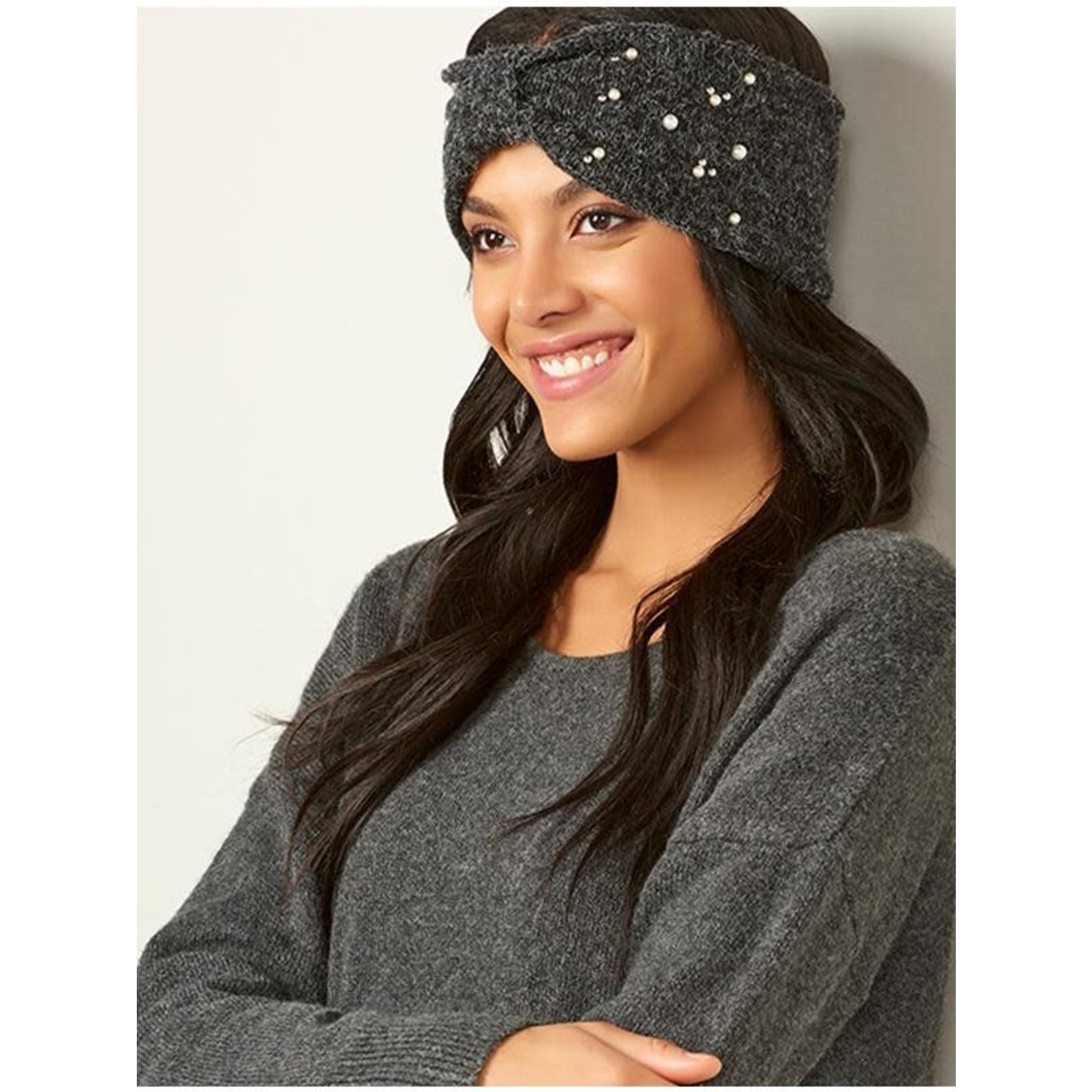 Pearl Embellished Knit Headband in Black