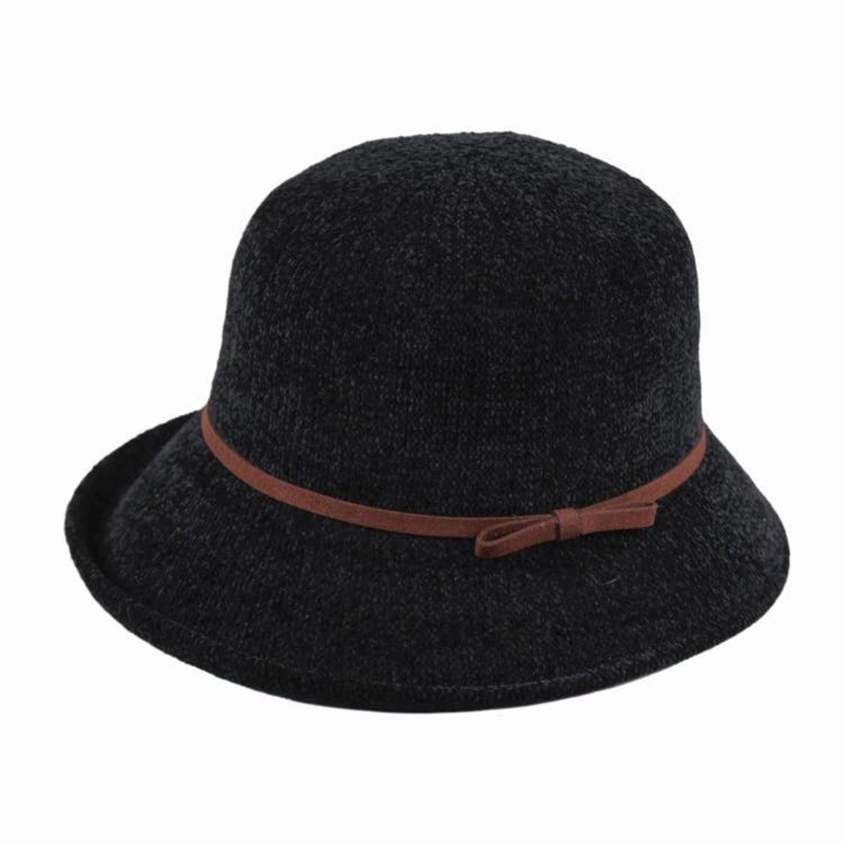 Jeanne Simmons 100% Chenille Cloche Hat w/ Leather Trim - Black