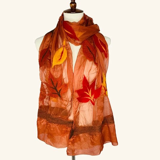 Wool Autumn Leaves On Rust Chiffon Scarf - Molly's Meanderings