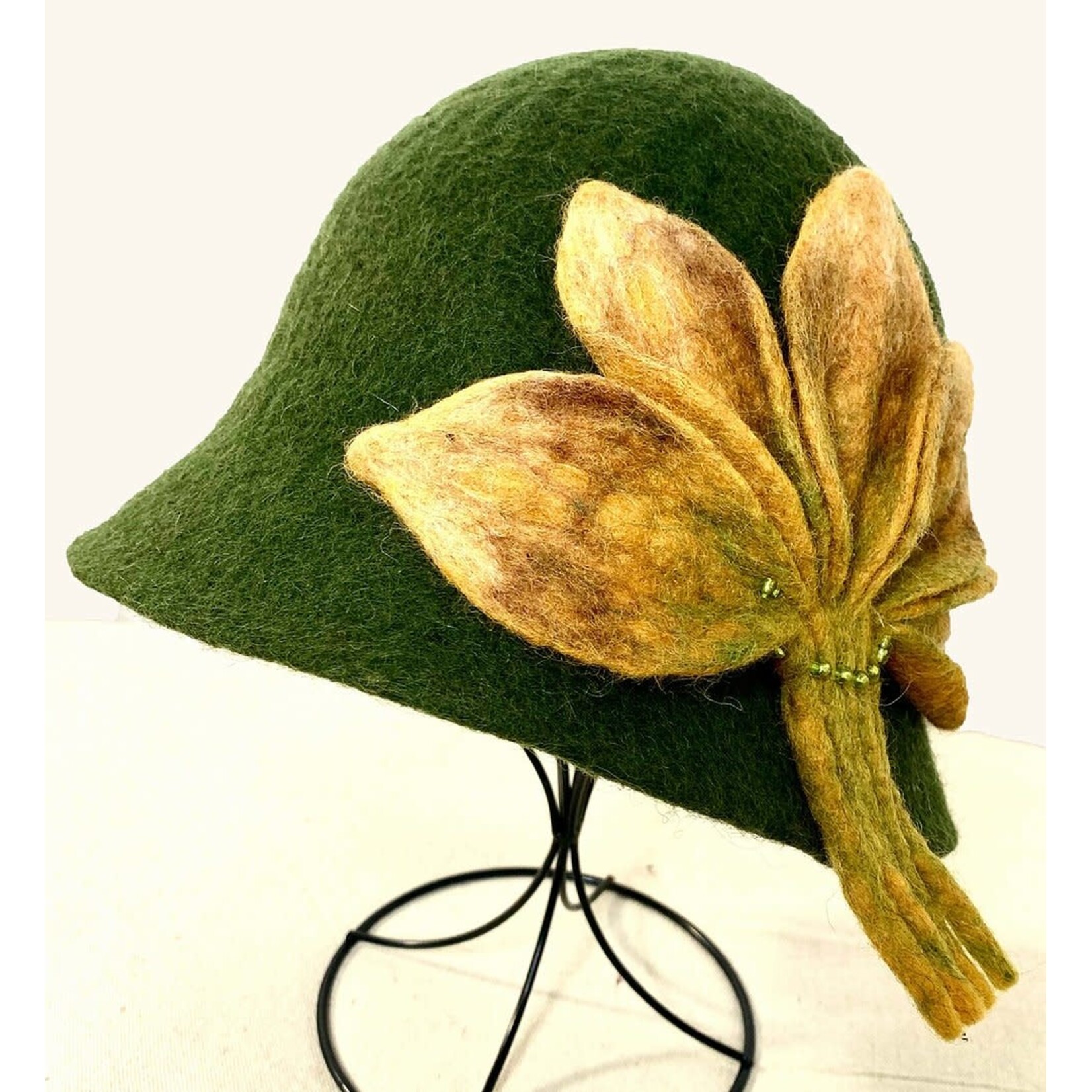 Olive Green Cloche Wool Hat w/ Mustard Floral Design