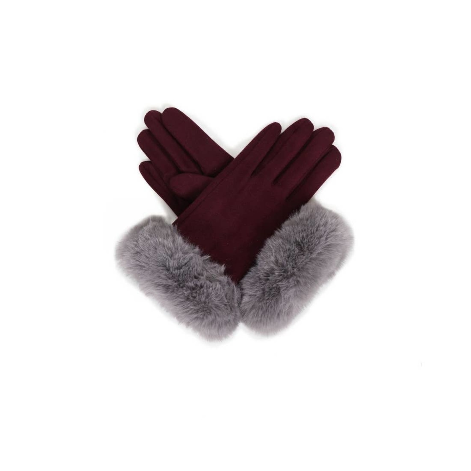 Powder Faux Suede Gloves w/ Faux Fur Trim - Purple/Slate