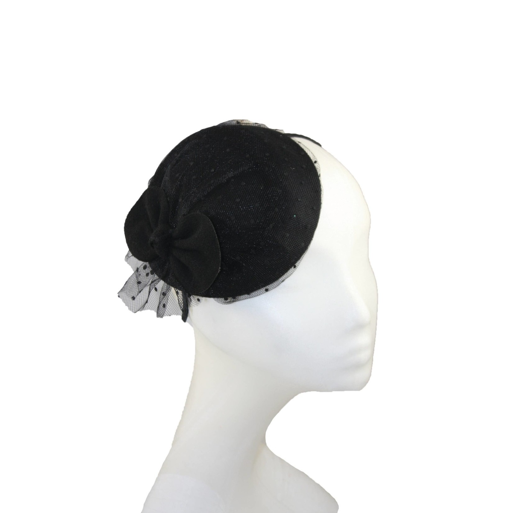 Jeanne Simmons Fascinator/FeltRndCrnPolkaDotNetBlkBigBowHdBnd Black