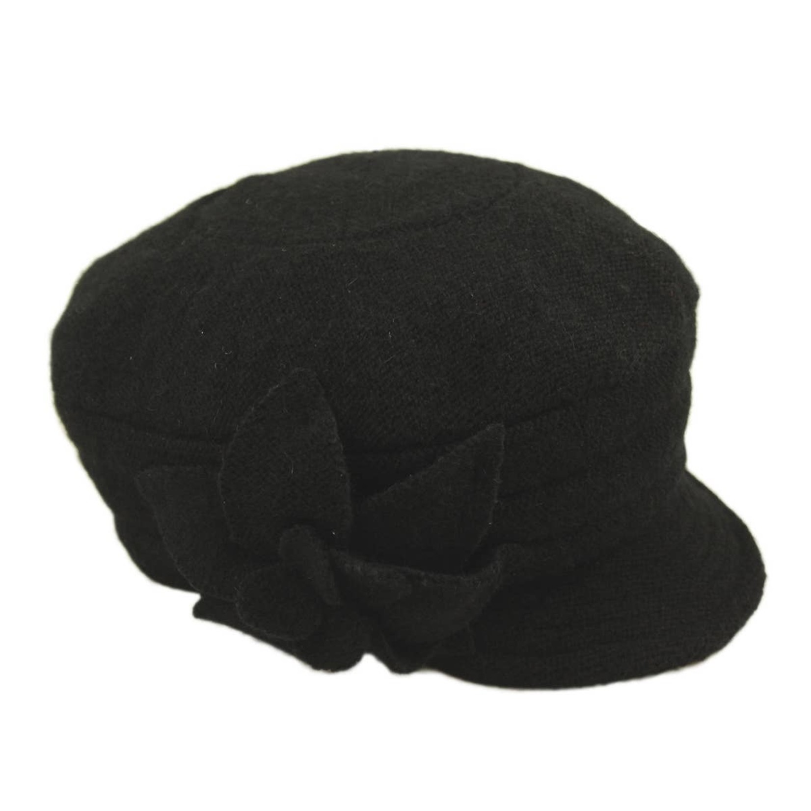 Jeanne Simmons Black Boiled Wool Short Brim Cap w/ Flower Accent