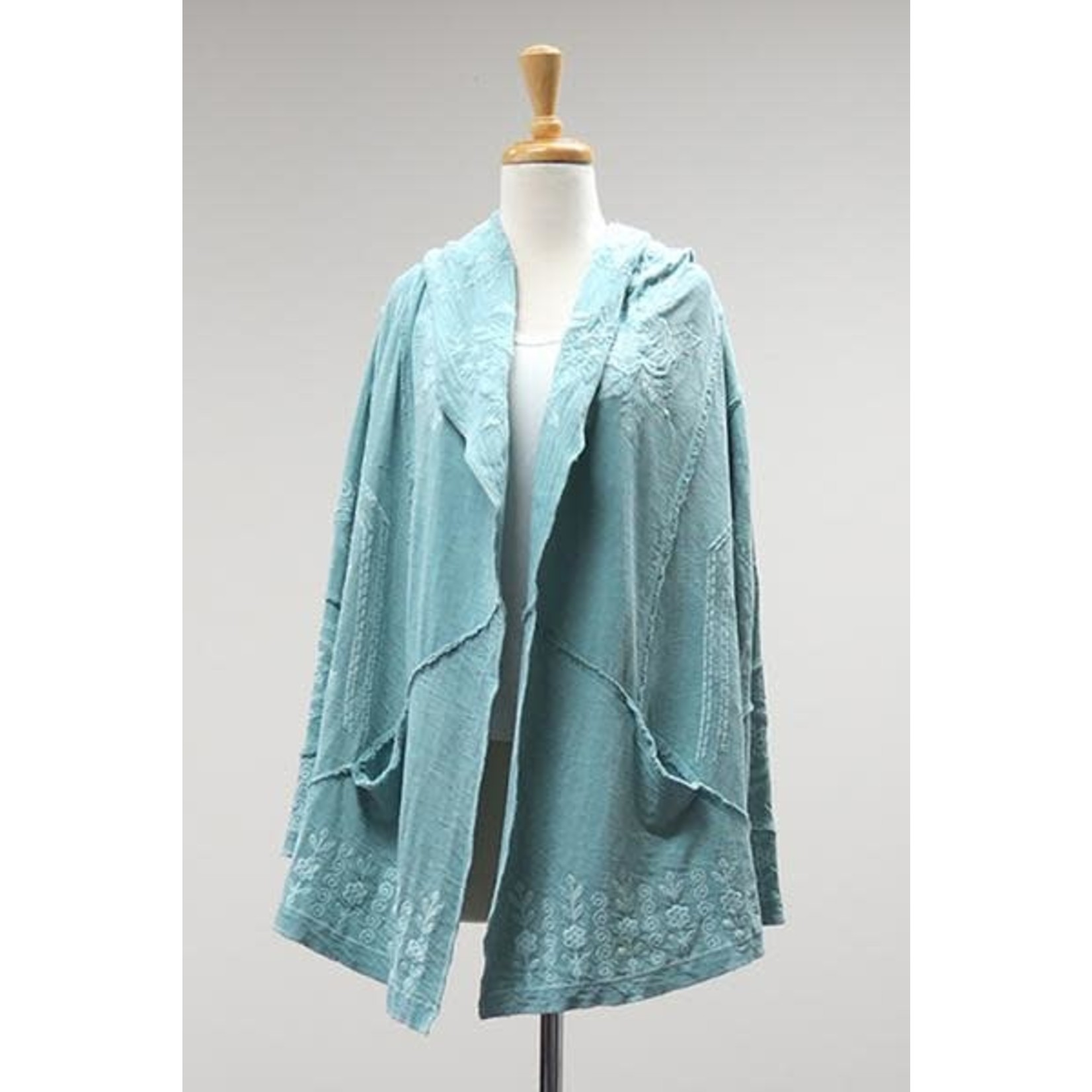 Faded Aqua Embroidered Hooded Cardigan
