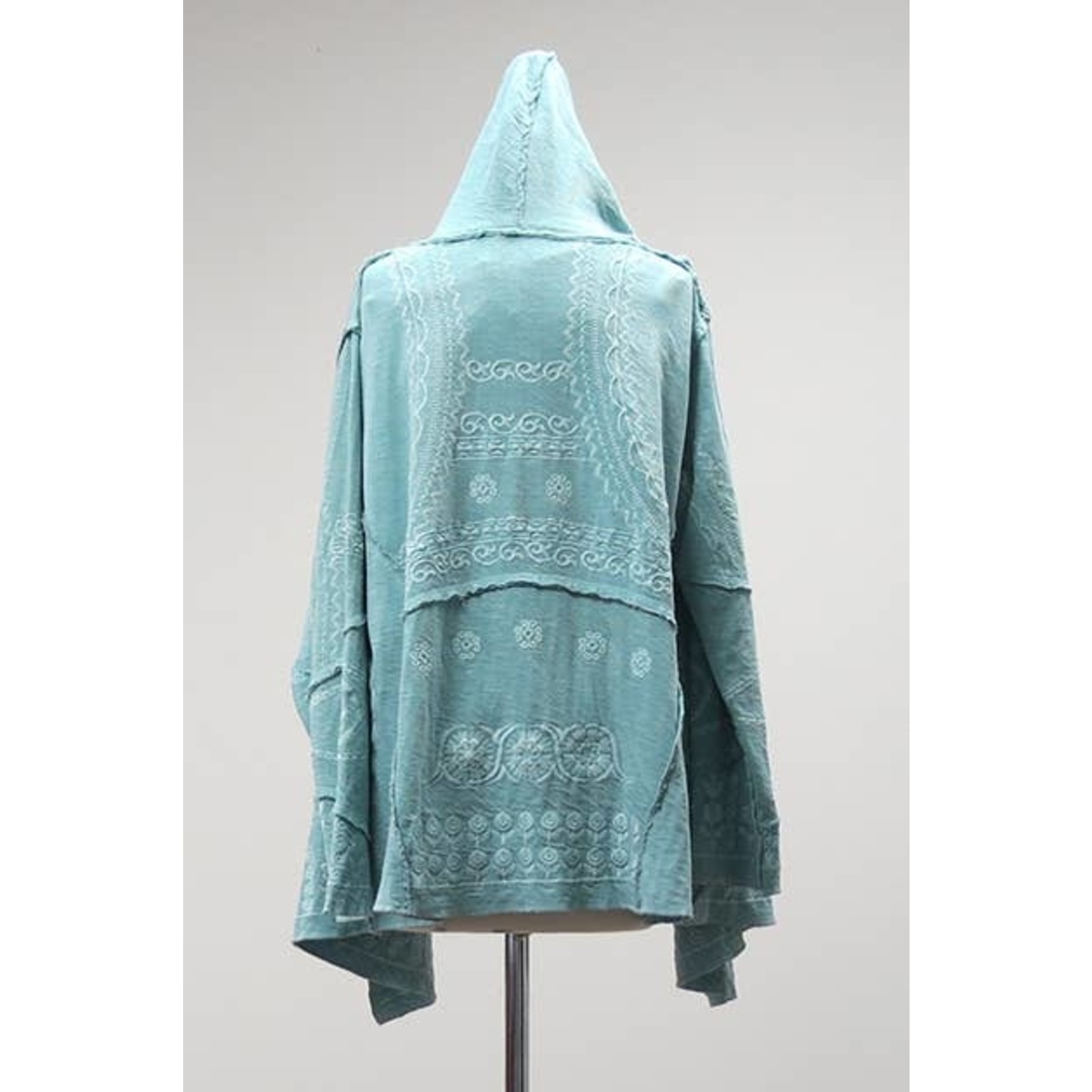 Faded Aqua Embroidered Hooded Cardigan