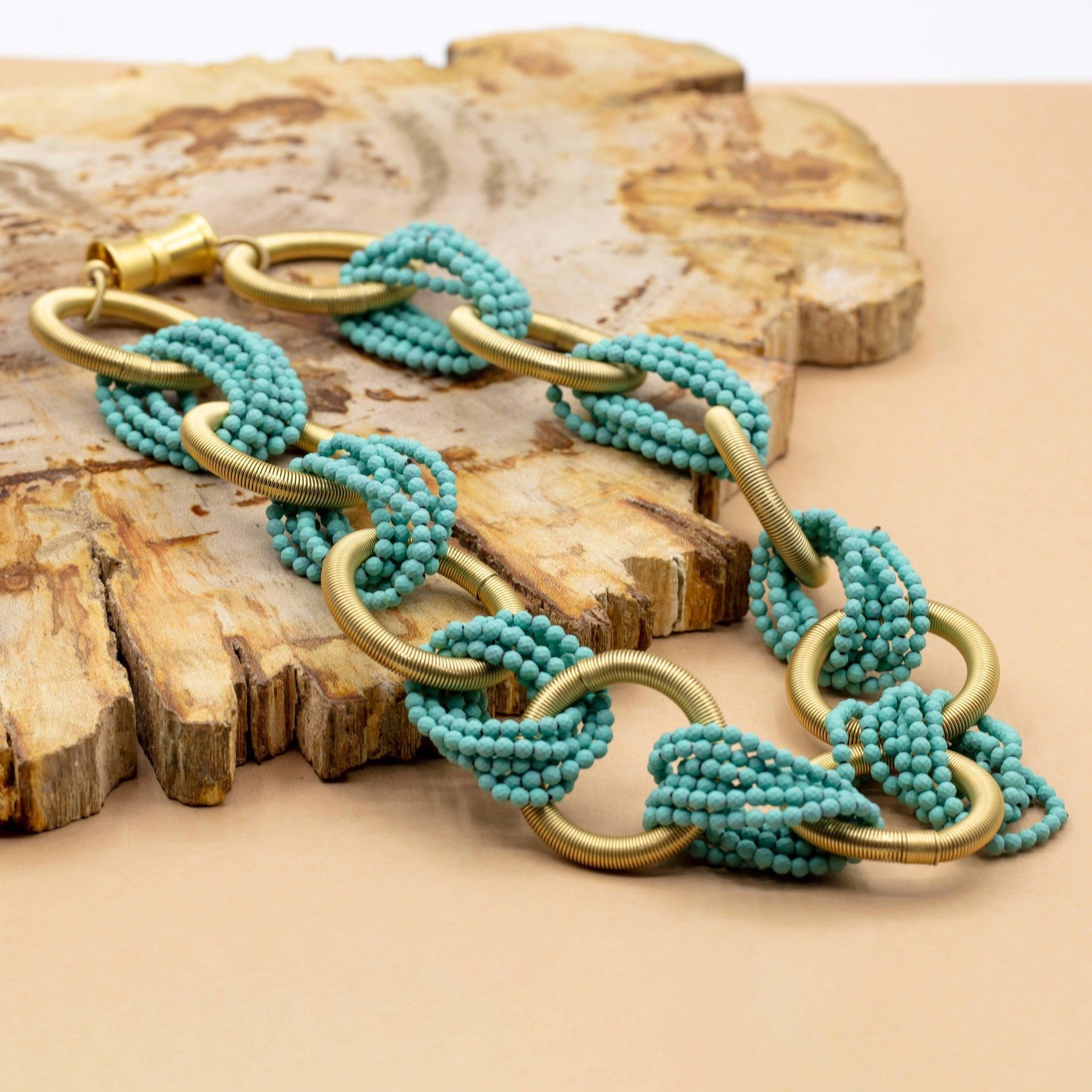 Sea Lily Gold Piano Wire Rings Necklace w/Connecting Turqoise Beads