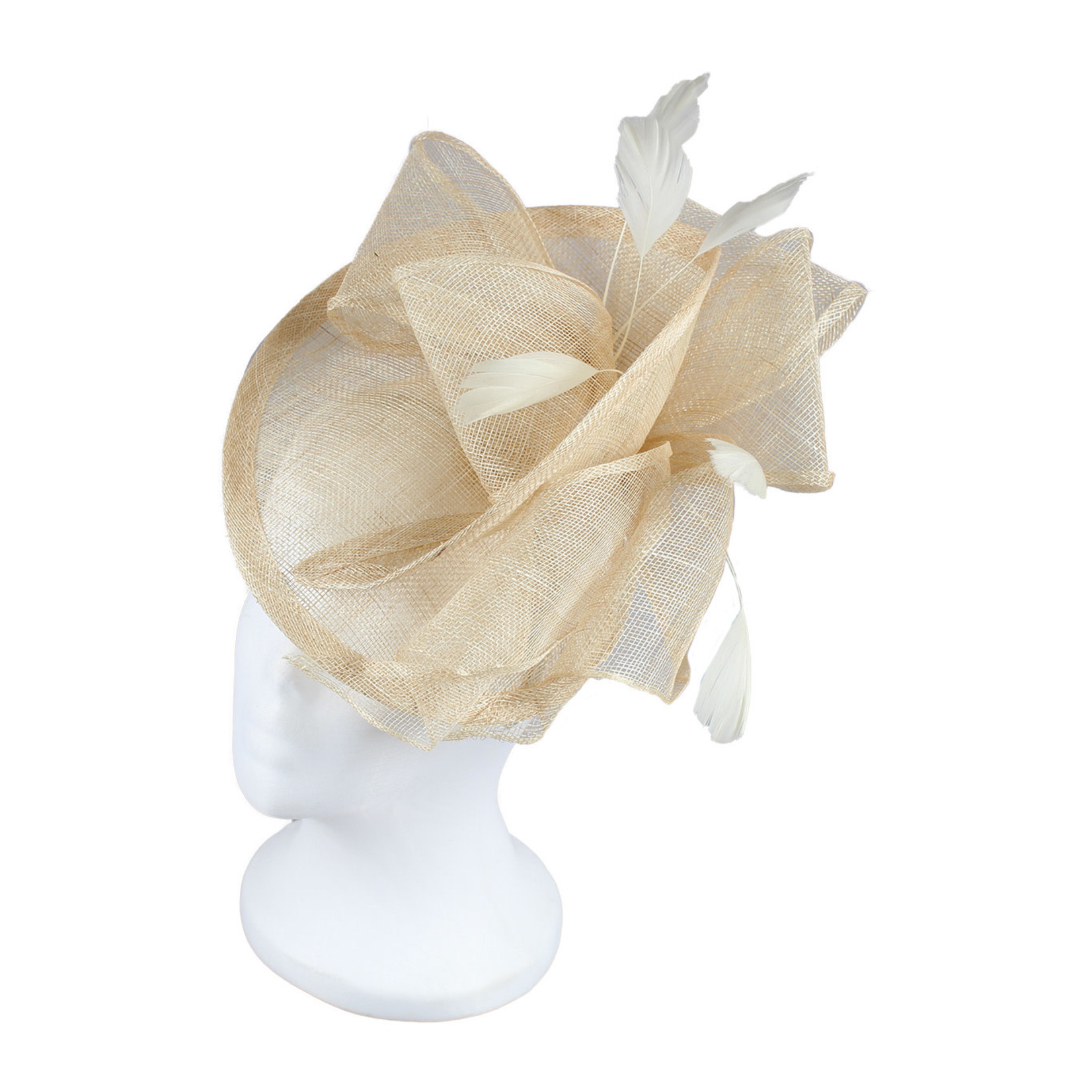 Jeanne Simmons Fascinator Headband w/Feathers and Bow on Partial Sinamay Disc Natural