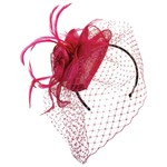 Jeanne Simmons Fascinator Headband w/ Fuchsia Netting, Feathers, Flower and Teardrop Sinamay