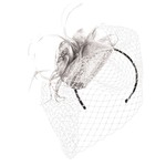 Jeanne Simmons Fascinator Headband w/ White Netting, Feathers, Flower and Teardrop Sinamay