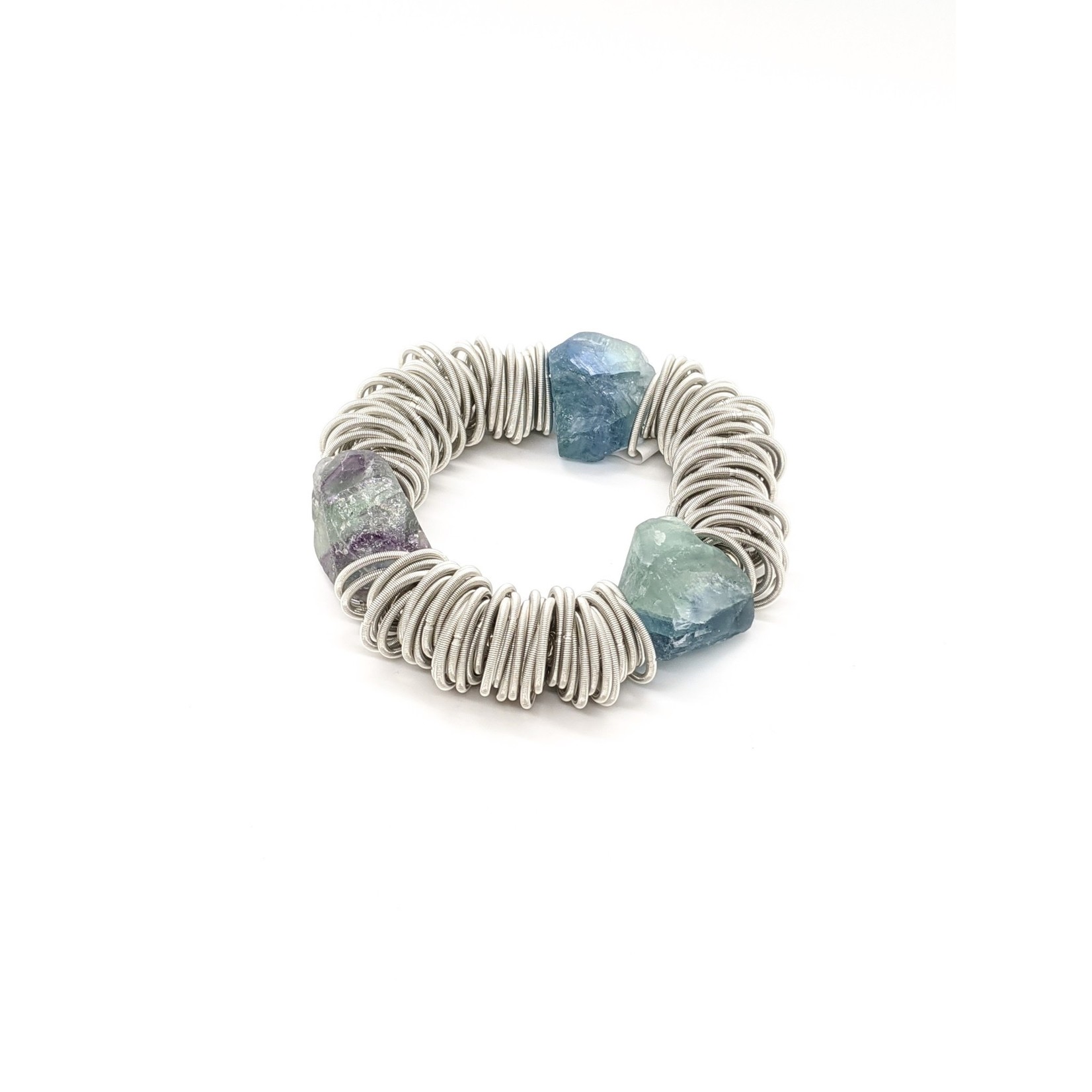 Sea Lily Silver PW Spring Ring Bracelet w/ Raw Fluorite Stones