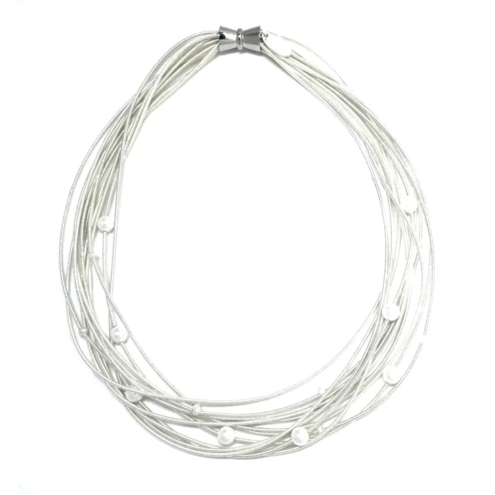 Sea Lily White Piano Wire Short Multi-Strand Necklace w/Pearls
