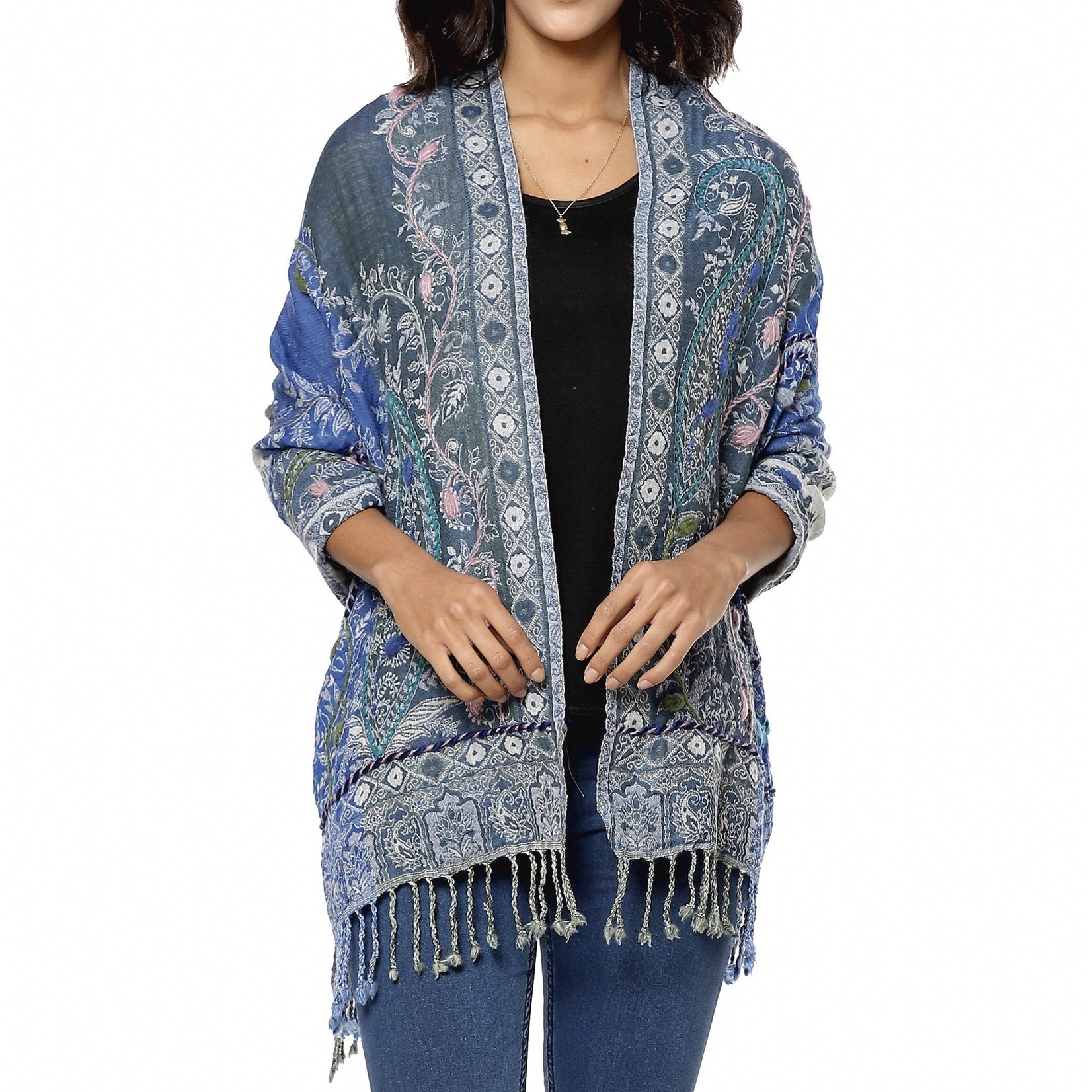 Parsley and Sage Violet Denim Embroidered Wool Wrap