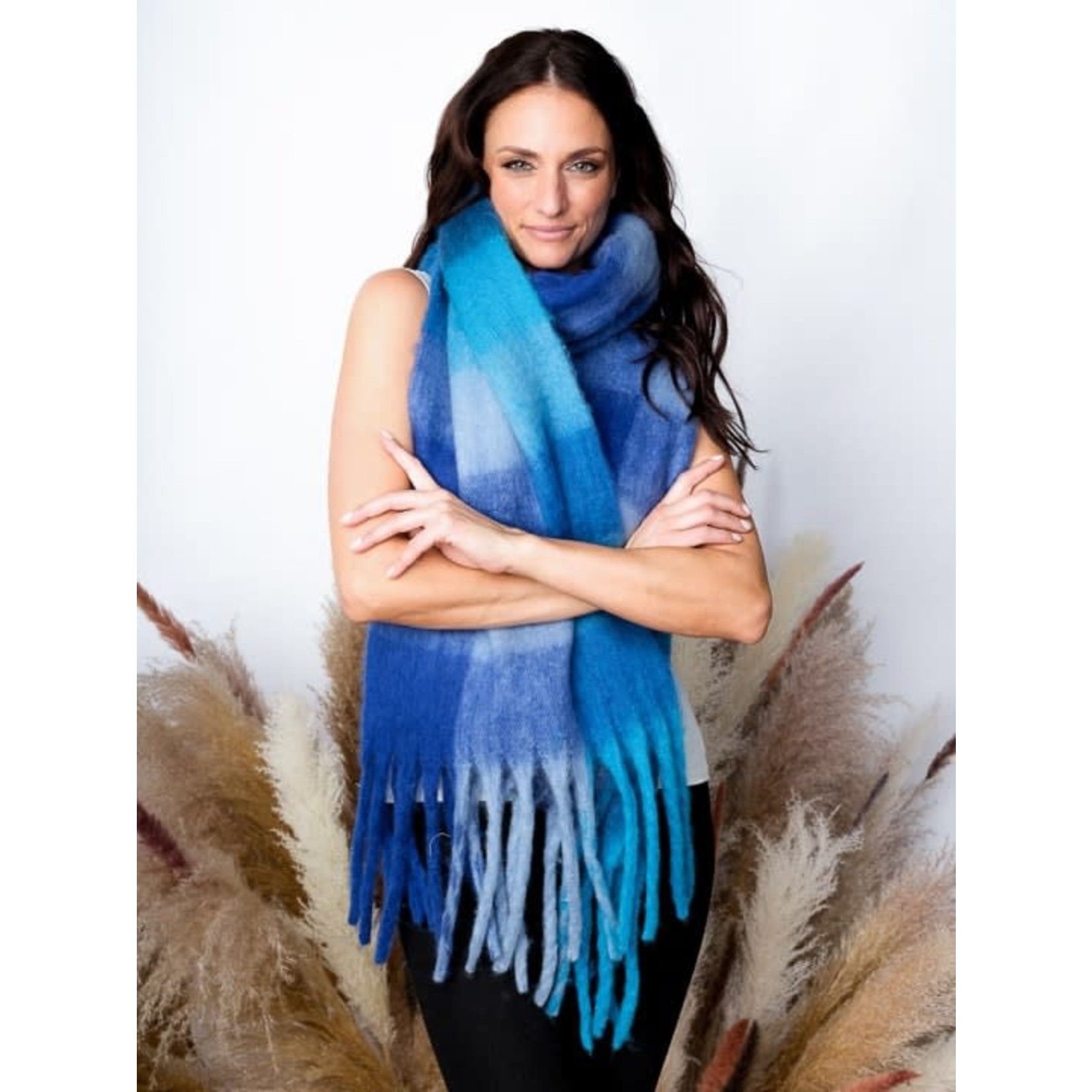 Alison Sheri Color Block Oversized Scarf w/Fringe in Blues