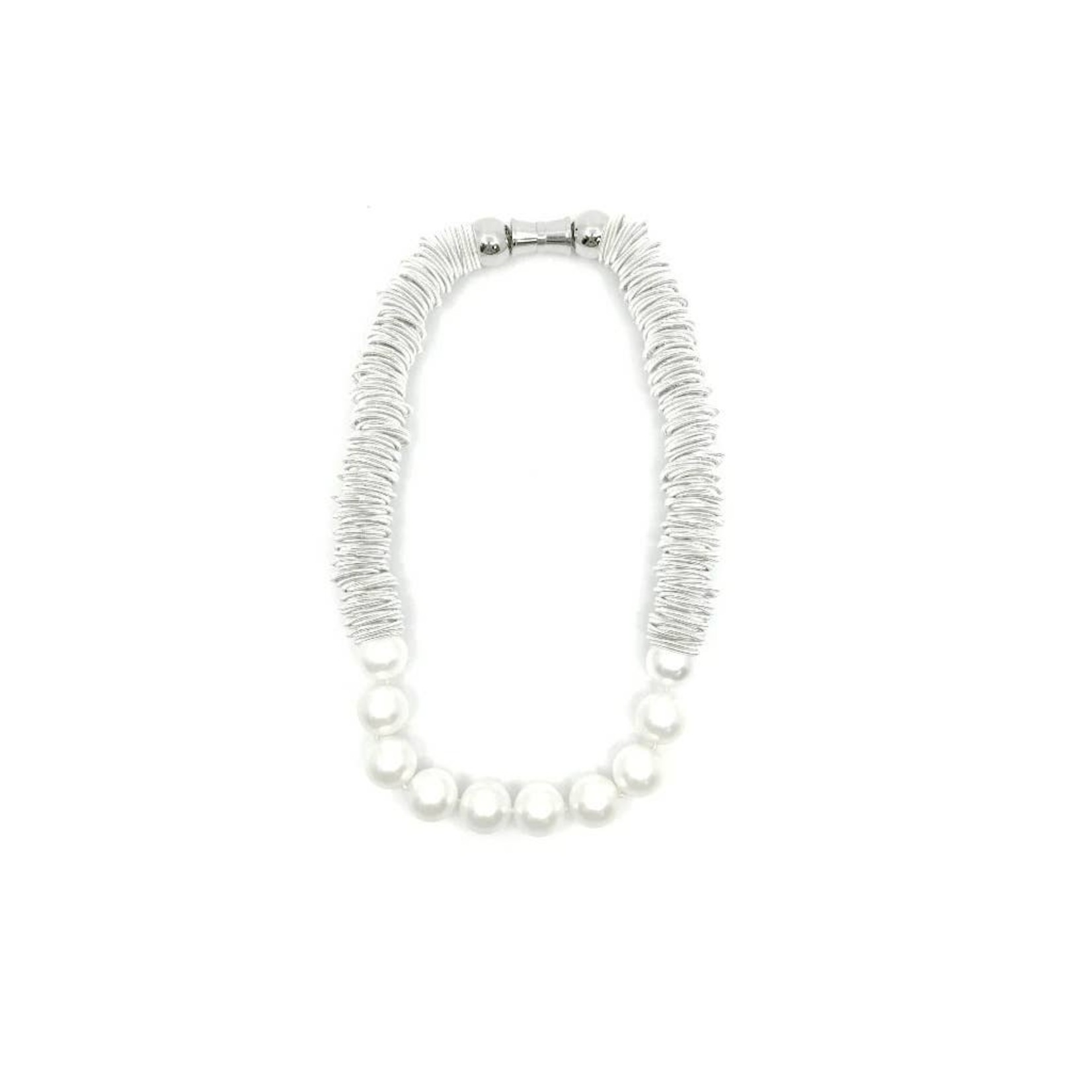 Sea Lily White Piano Wire Spring Ring Necklace w/ White Pearls
