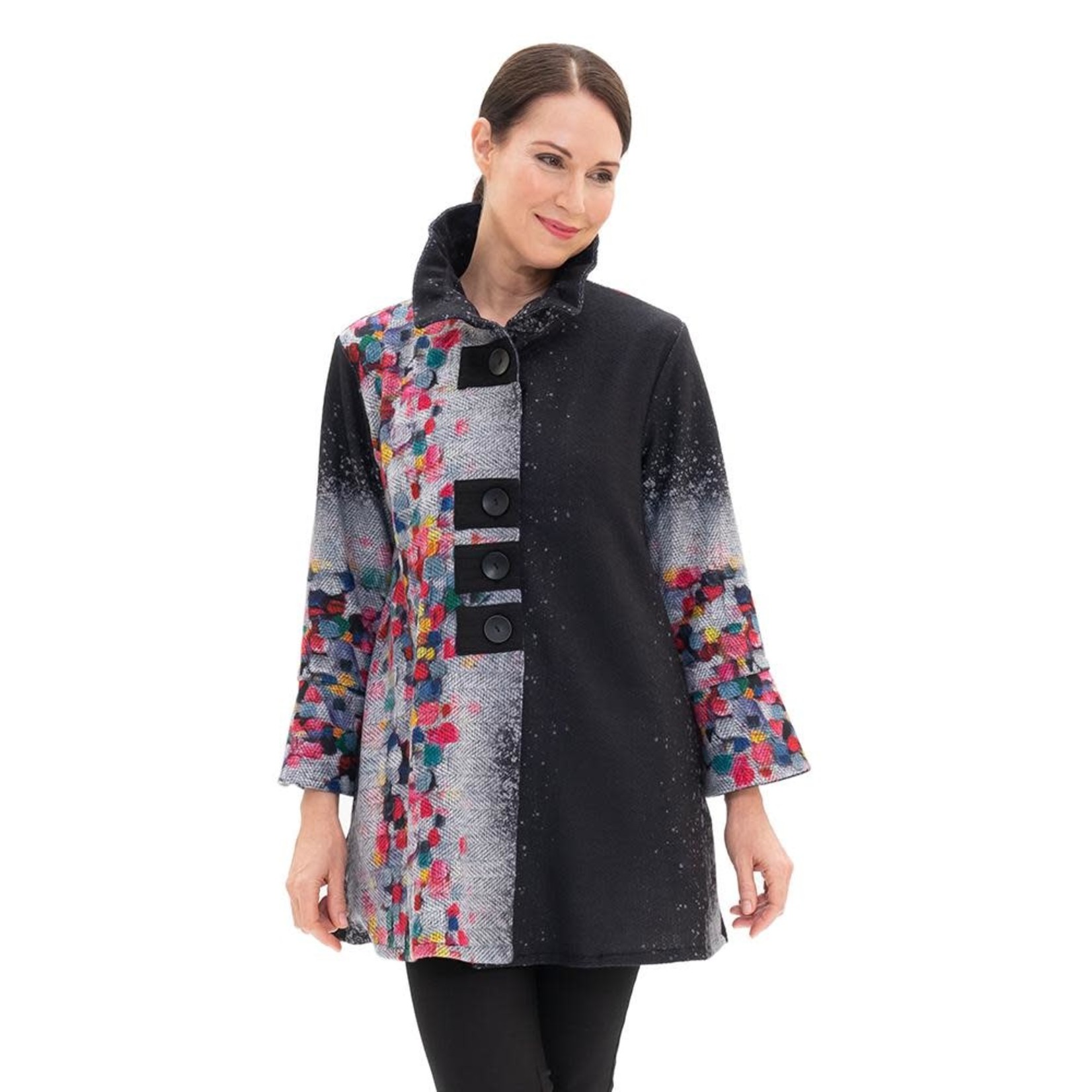 Damee Multi Color Dots & Geo  Wired Collar Long Jacket