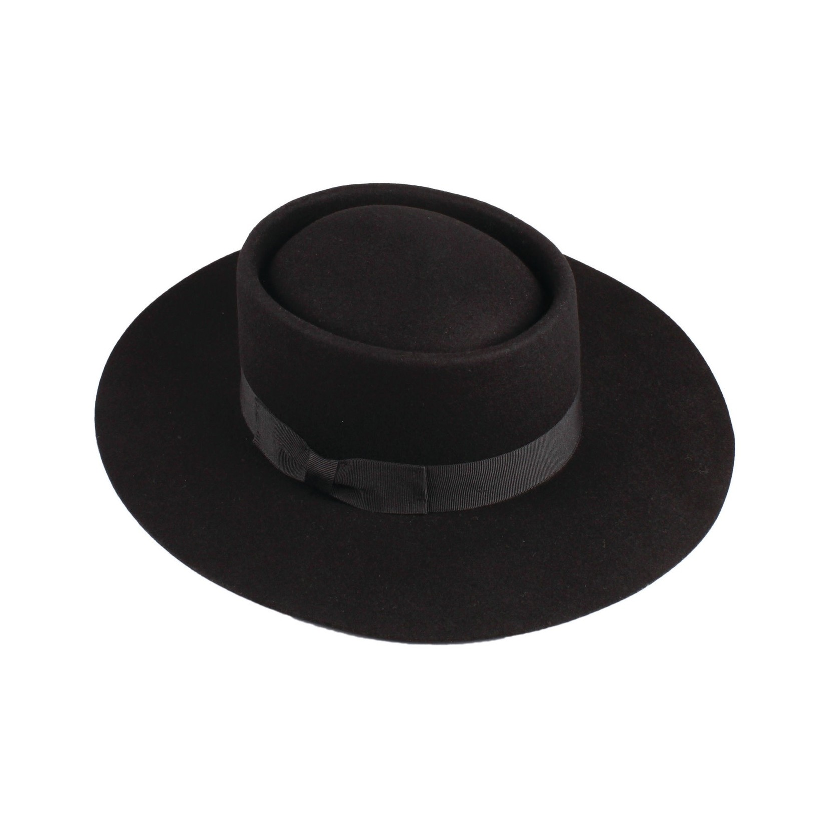 Jeanne Simmons Wool Felt Flat Brim Gambler Crown Matching Ribbon in Black