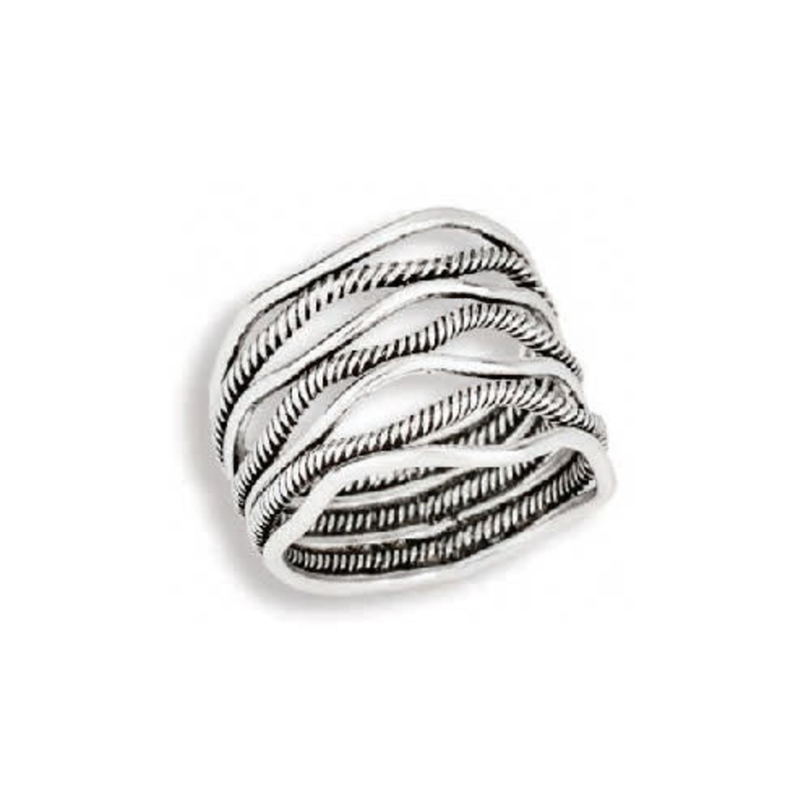 Tiger Mountain Multi Solid & Rope Wavy Bands Wide Slvr Ring