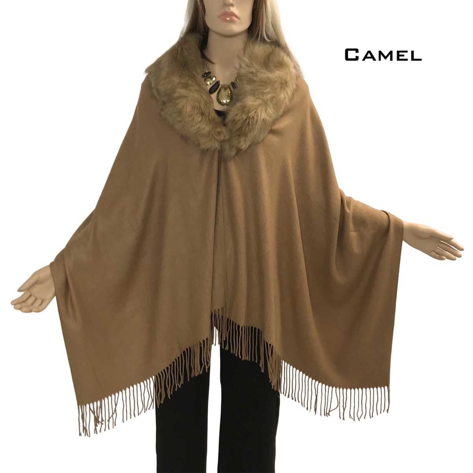 Magic Scarf Faux Fur Collar Fringed Cashmere Feel Shawl in Camel