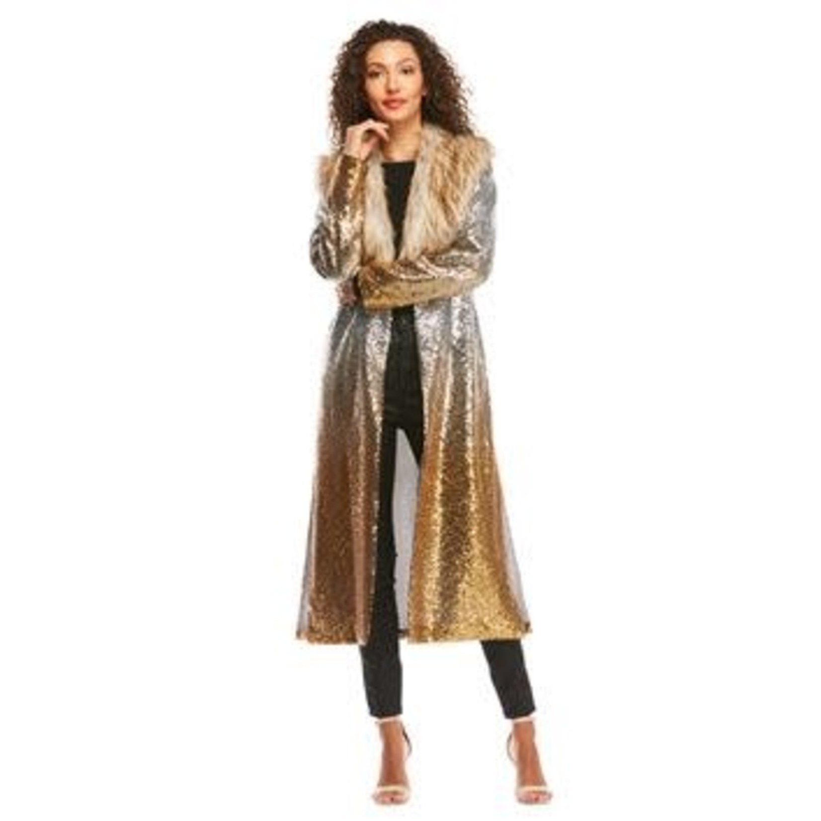 Gold Dust Sequin Maxi Duster w/Faux Fur