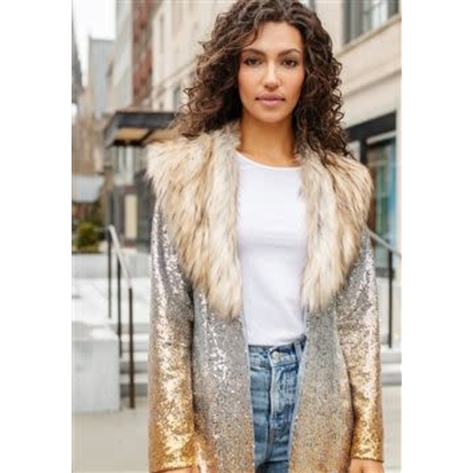 Gold Dust Sequin Maxi Duster w/Faux Fur