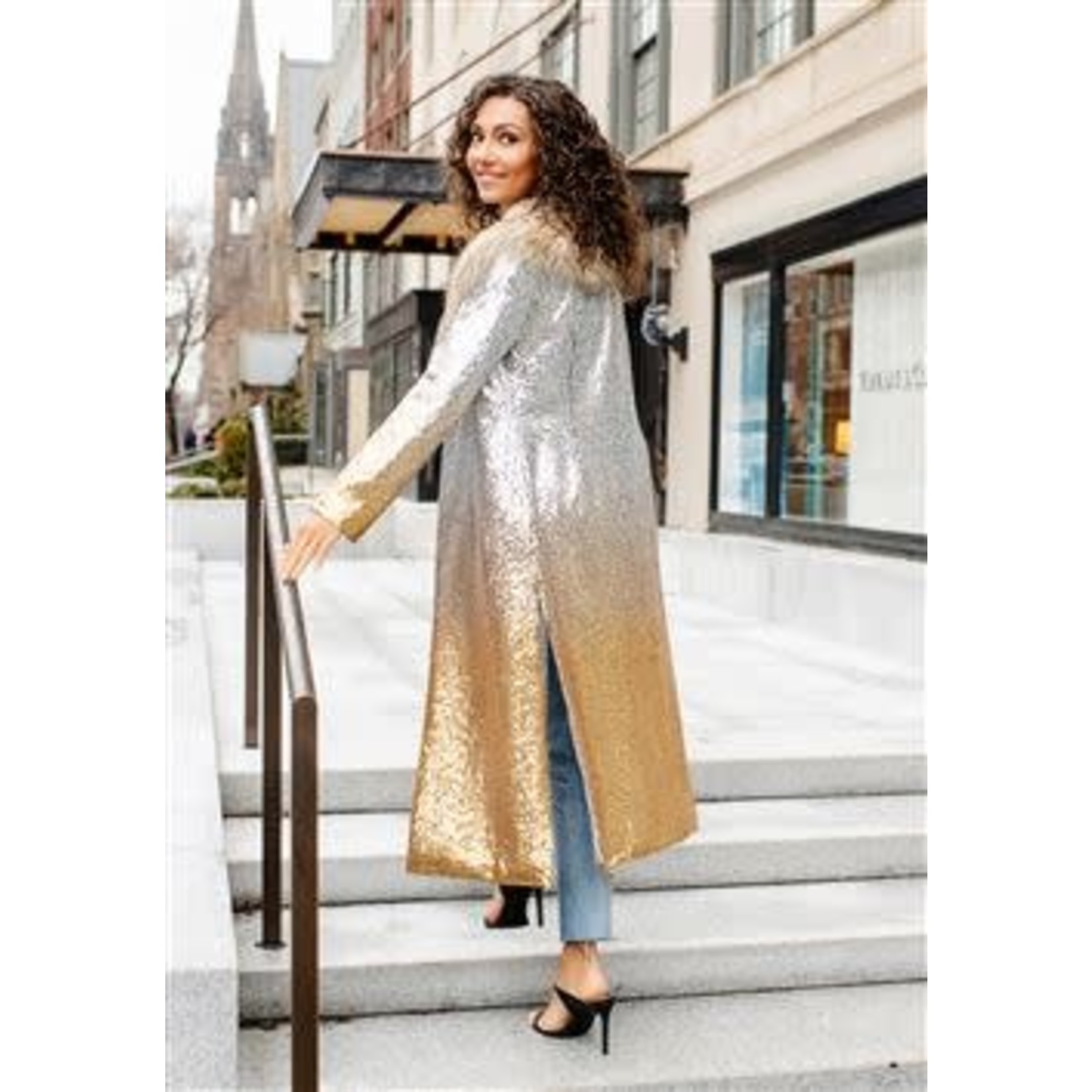 Fabulous Furs Gold Dust Sequin Maxi Duster w/Faux Fur