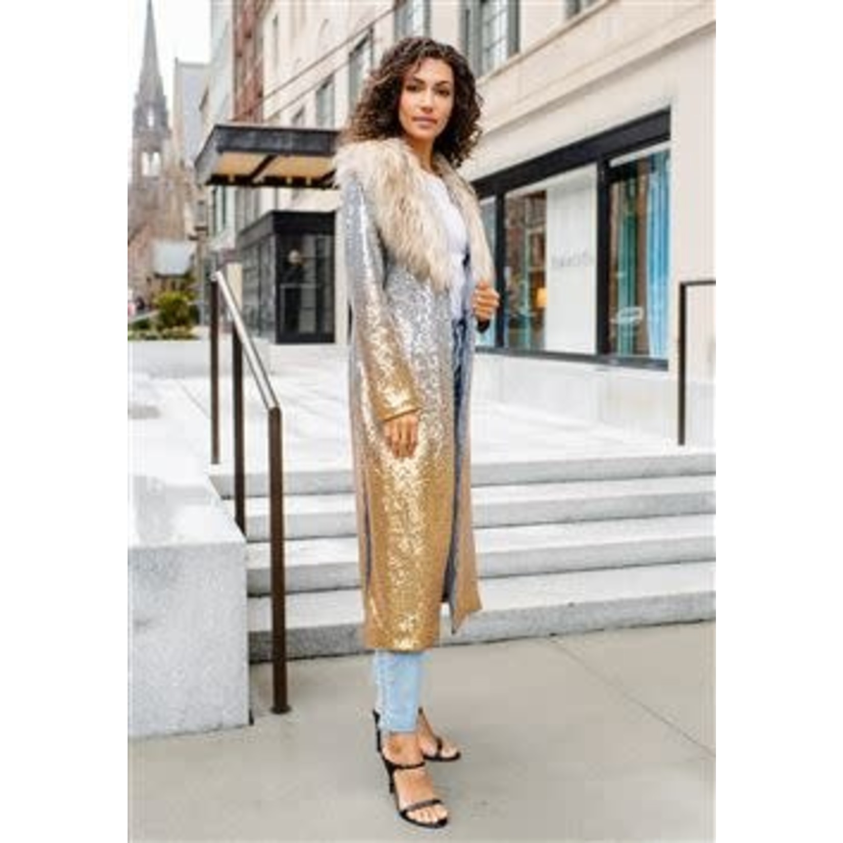 Gold Dust Sequin Maxi Duster w/Faux Fur