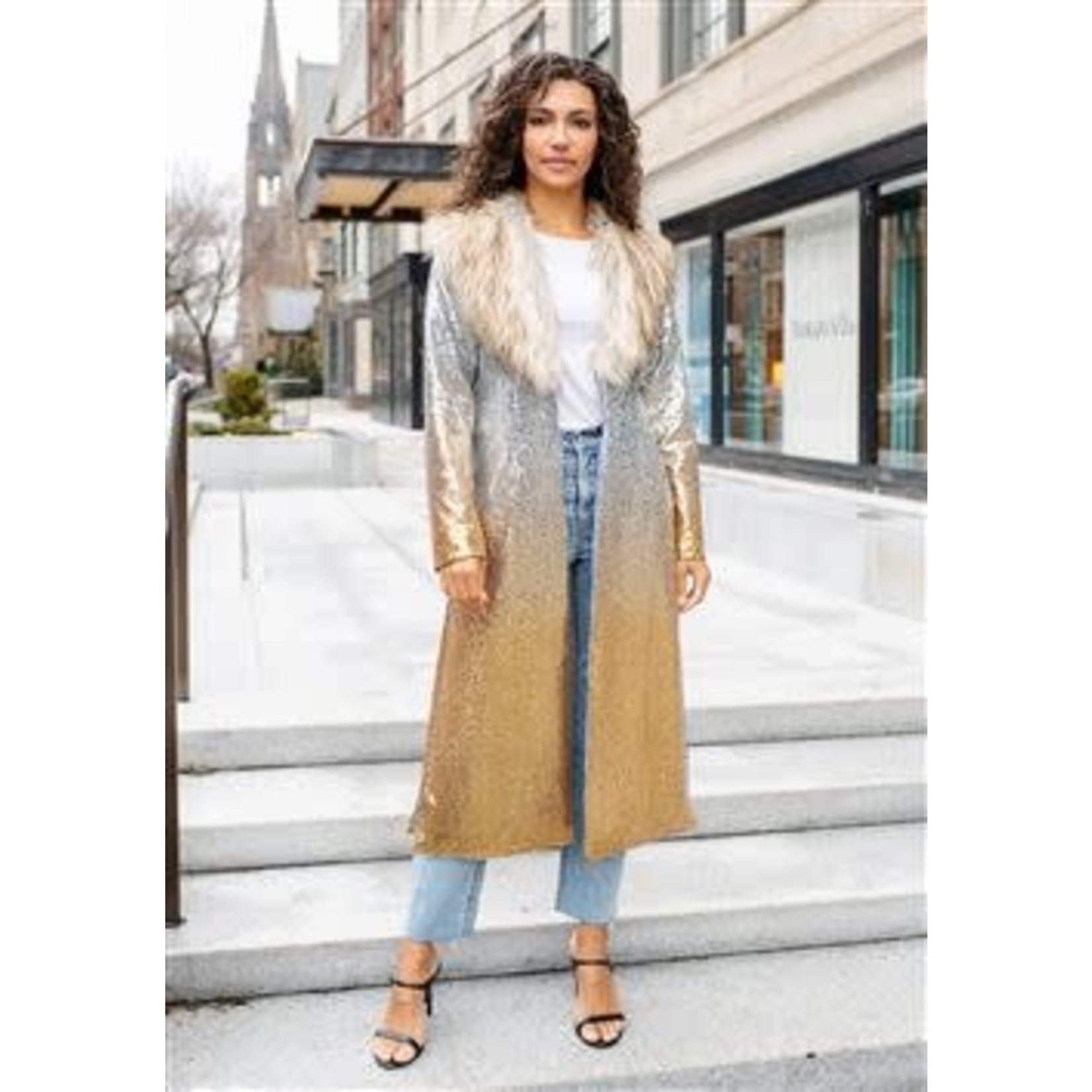 Gold Dust Sequin Maxi Duster w/Faux Fur