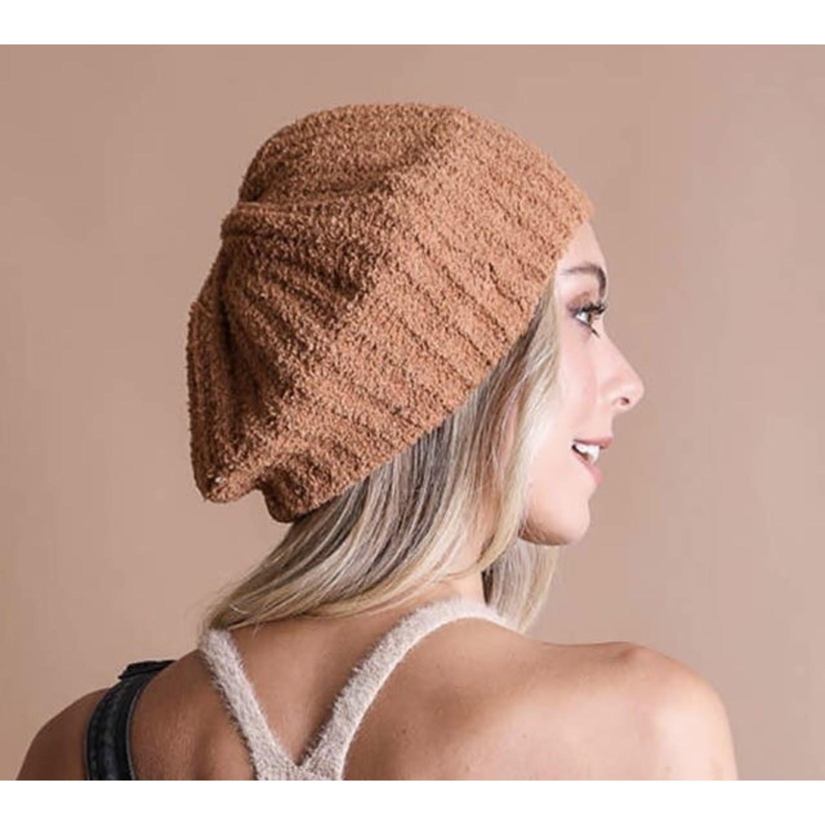 Boucle Rib Knit Beret in Camel