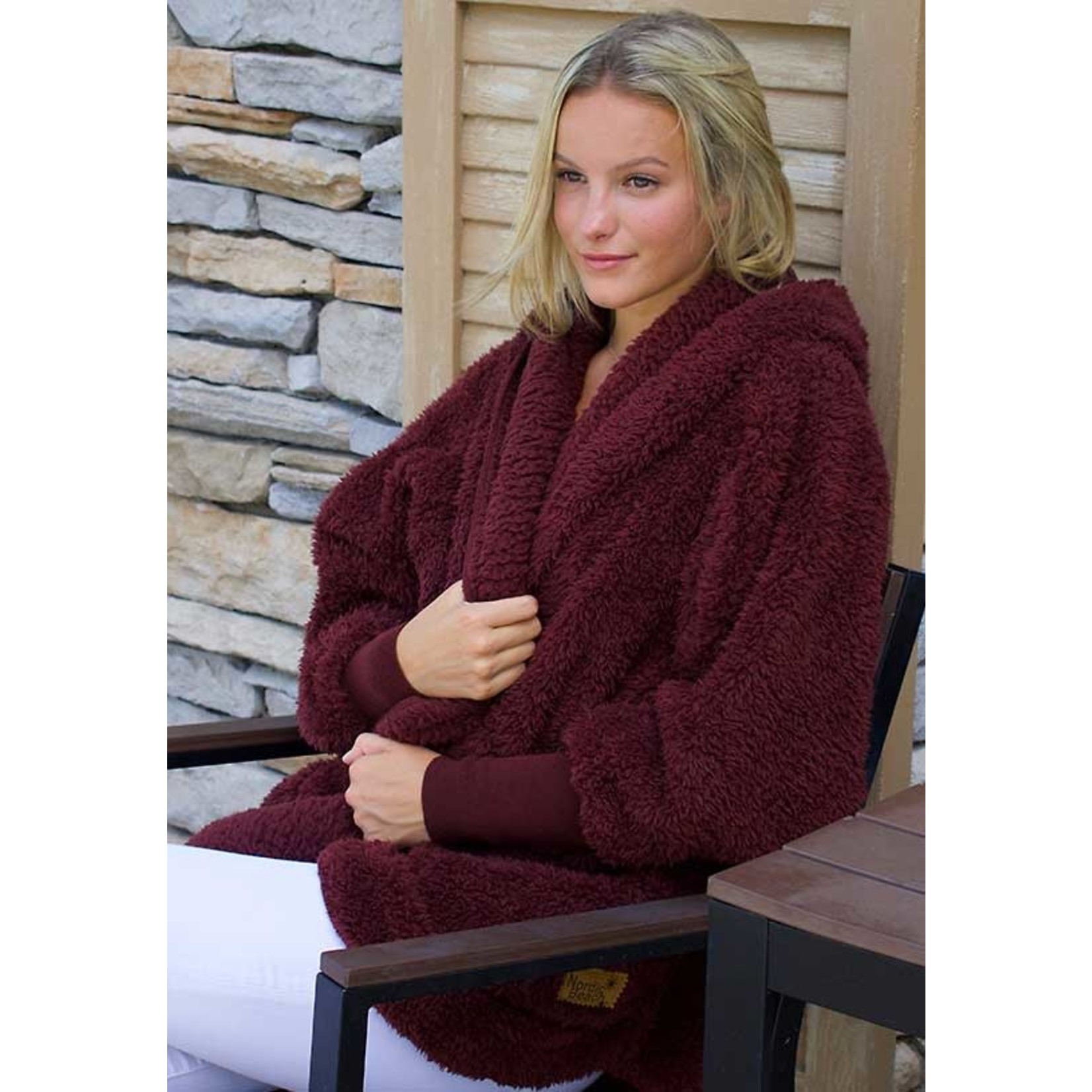 Nordic Beach Fuzzy Fleece Hooded Cardigan in Chocolate Cherry