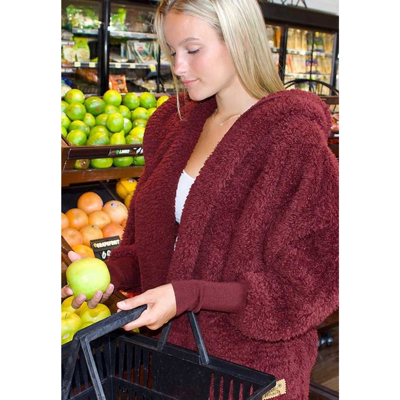 Nordic Beach Fuzzy Fleece Hooded Cardigan in Chocolate Cherry