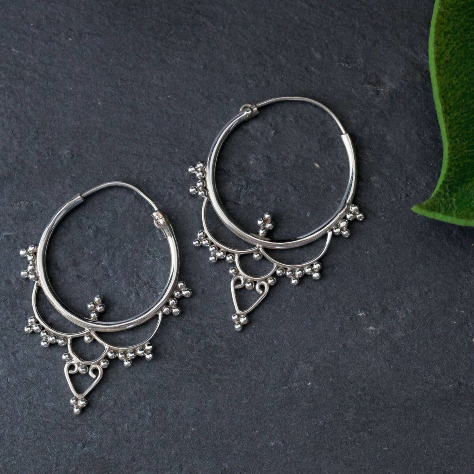 Sterling Silver Bead Decorated Hoop Earrings