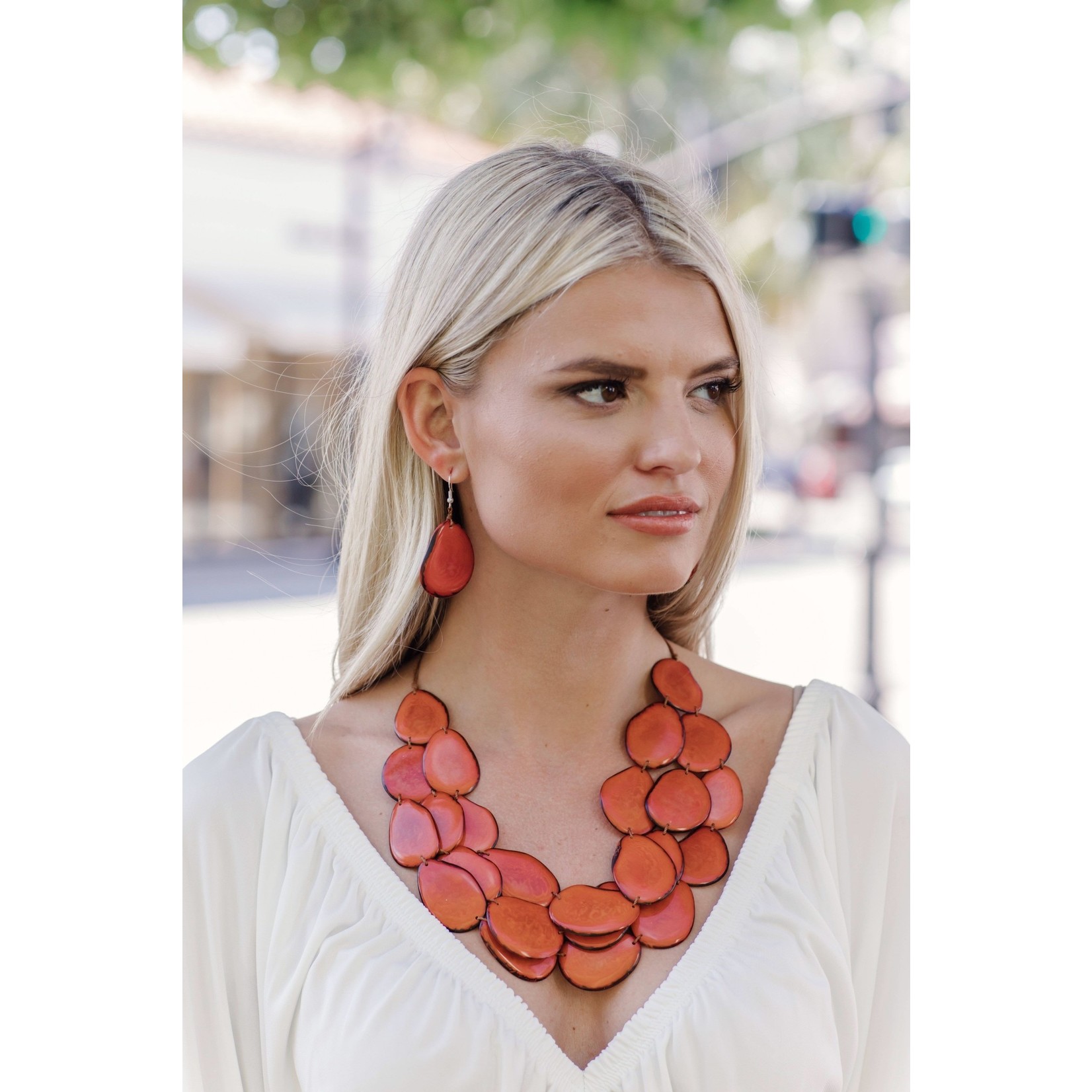 Organic Tagua Jewelry Amigas Tagua Discs Necklace in Poppy Coral