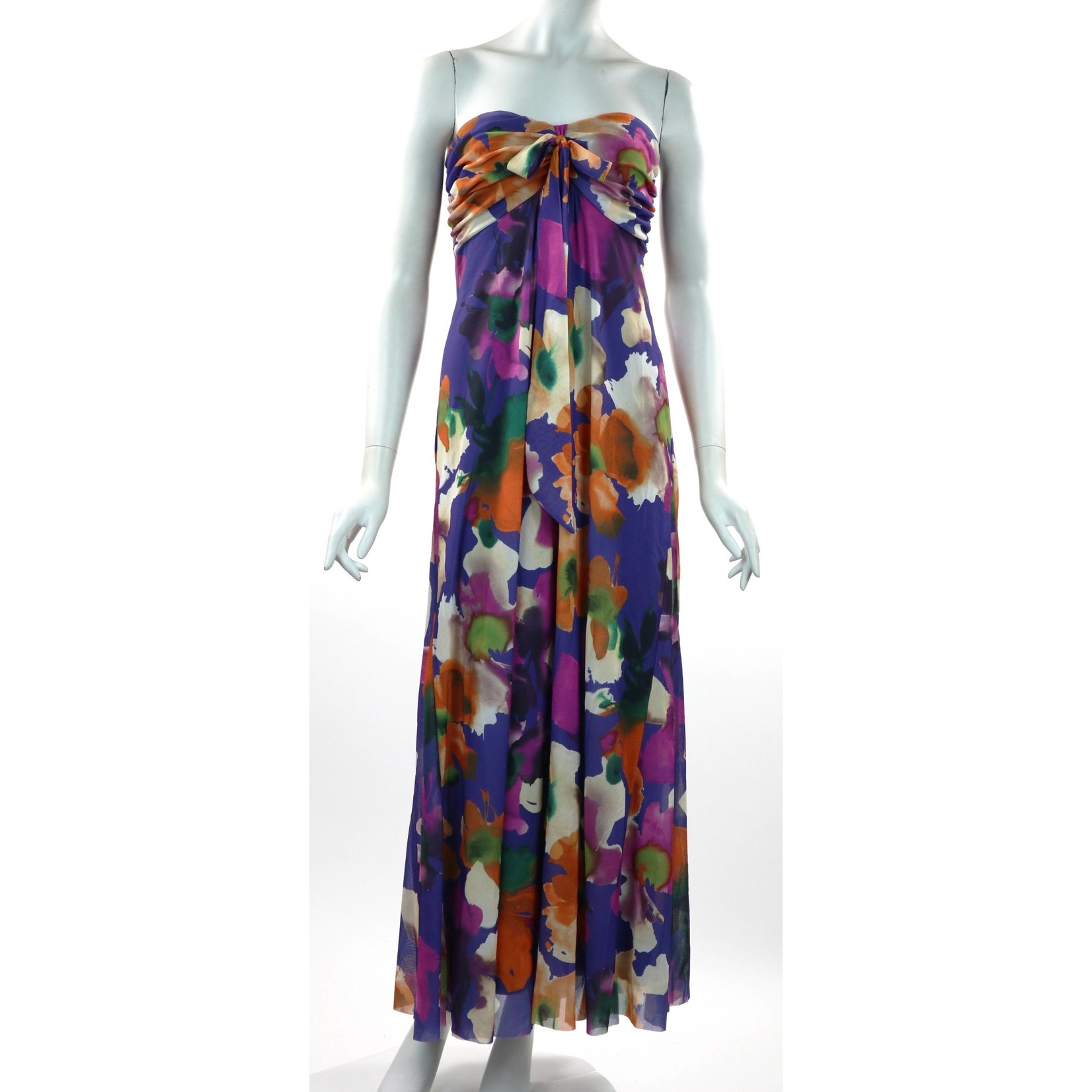 Petunia Long Strapless Flared Empire Mesh Print Dress