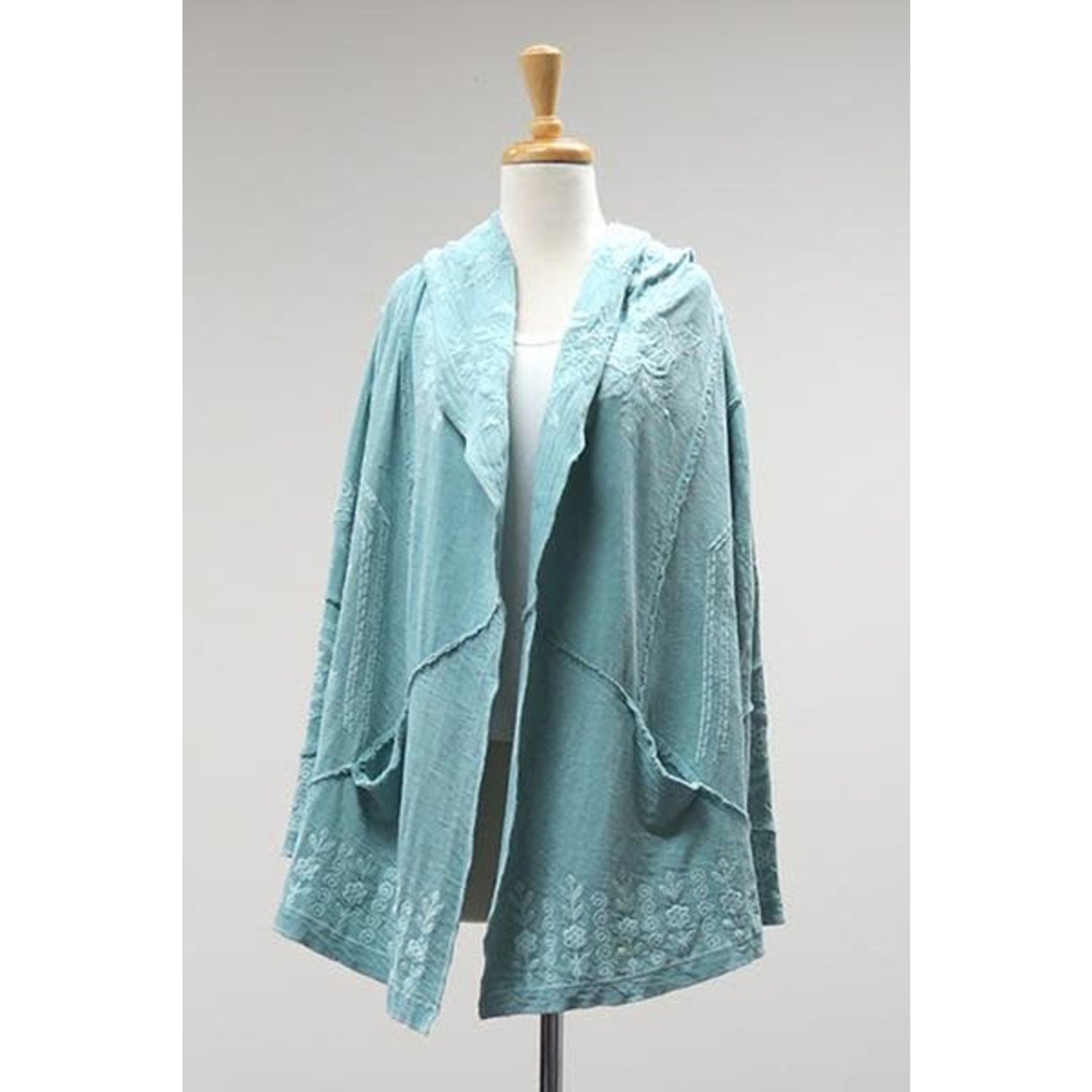 Caite Faded Aqua Embroidered Hooded Cardigan