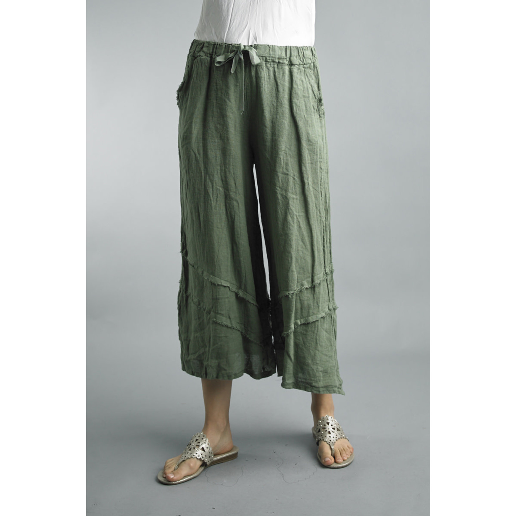 Tempo Paris Palazzo Pants w/ Fringe Detail in Olive