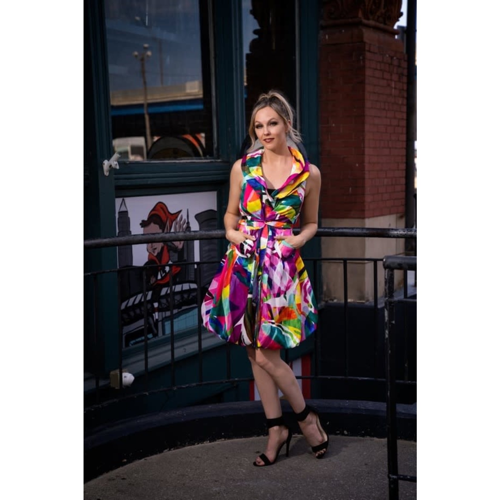 Samuel Dong Twisted Front Sleeveless Bubble Dress in Bougainvillea Multi