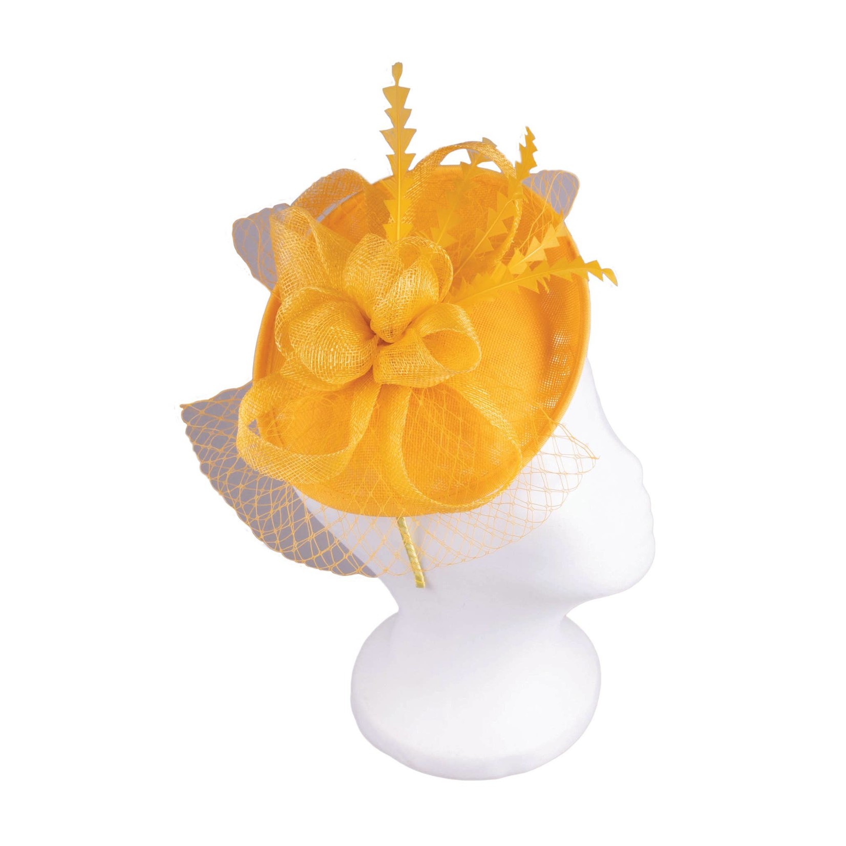 Jeanne Simmons Fascinator Headband w/Mustard Feathers & Flower on Lrg Sinamay Disc