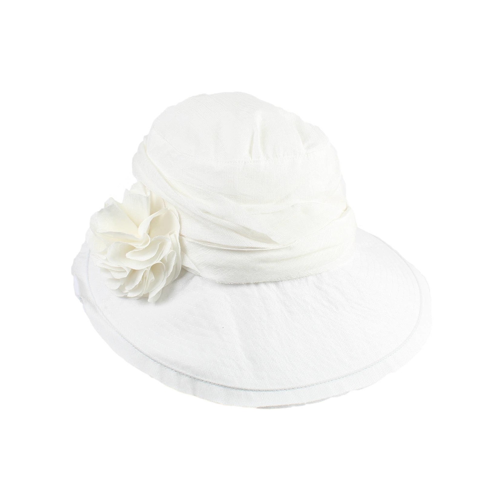 Jeanne Simmons Hat w/ Slanted Brim and Pleated Flower in White