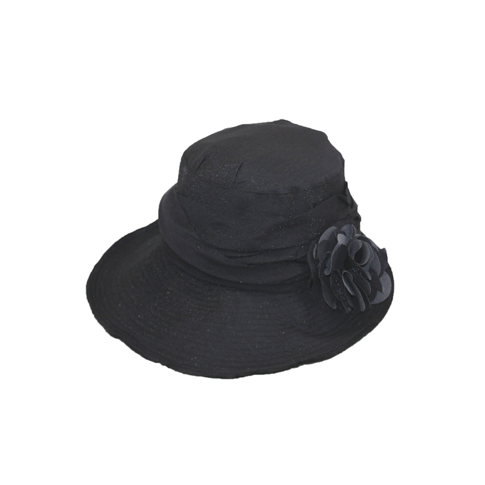 Jeanne Simmons Hat w/Slanted Brim and Pleated Flower in Black