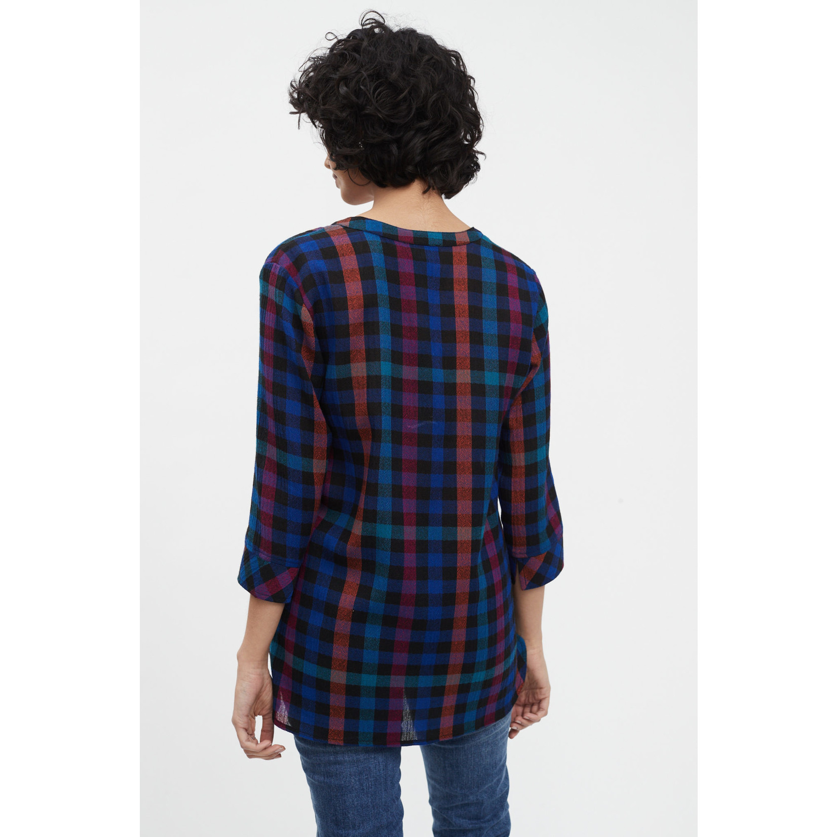 FDJ Textured Top in Blue/Fuchsia/Orange Check