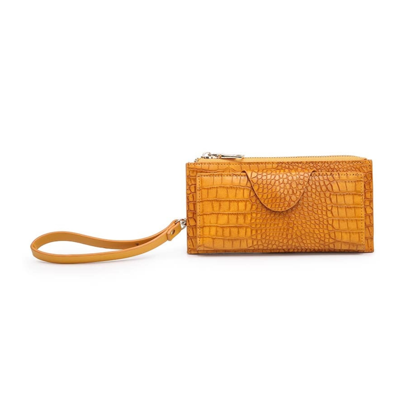 Jen & Co Kyla Croc RFID Wallet/Wristlet w/ Snap Closure, Zip Pkt - Mustard