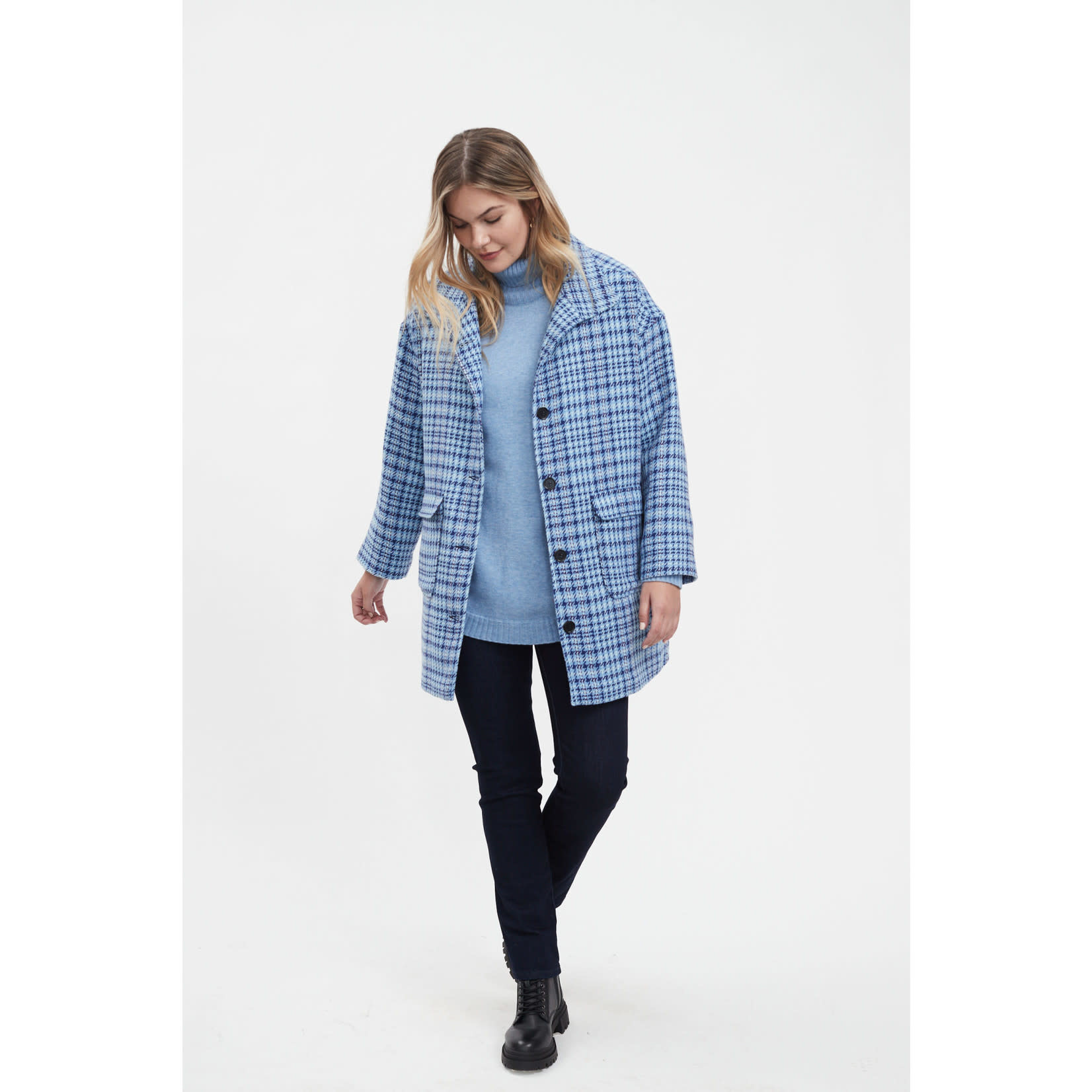 FDJ Long Plaid Coat in Blue/Cream