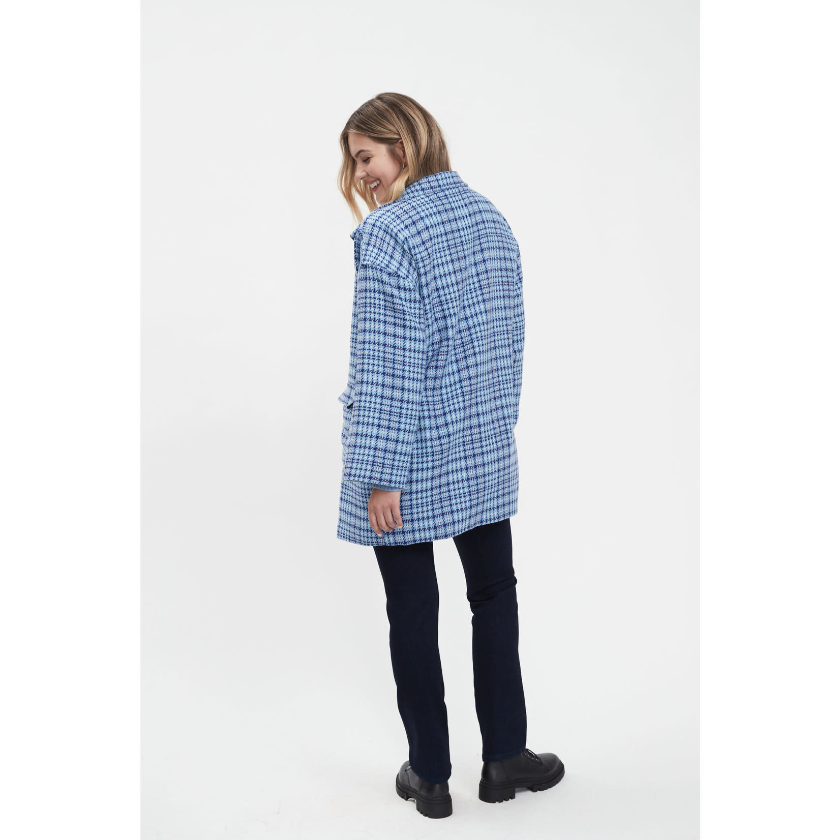 FDJ Long Plaid Coat in Blue/Cream