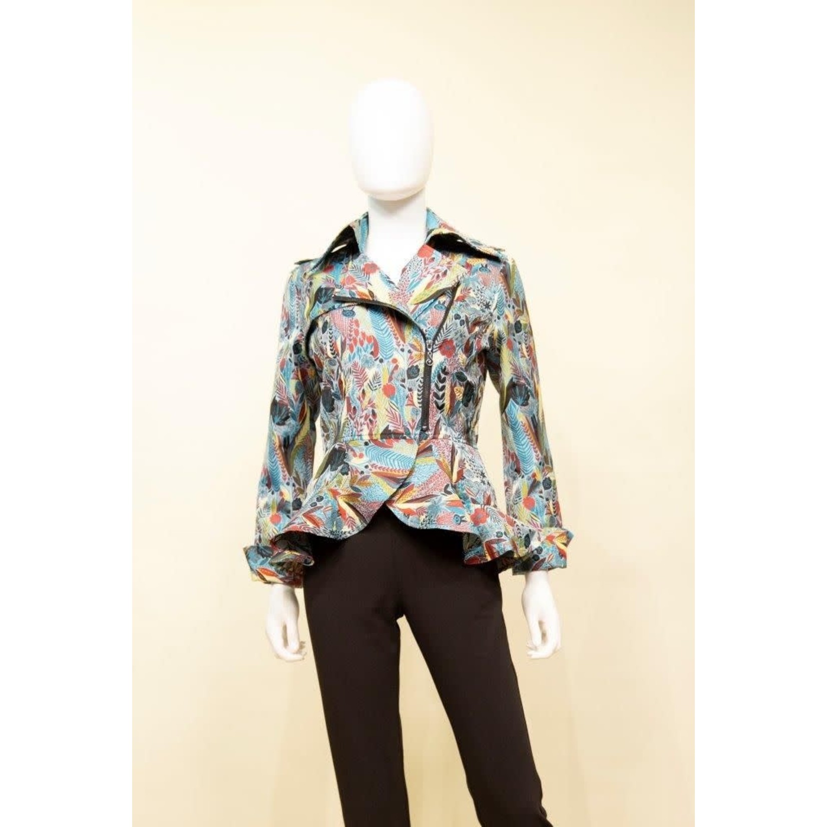 Samuel Dong Jacquard Zipper Moto Jacket in Blue/Crimson