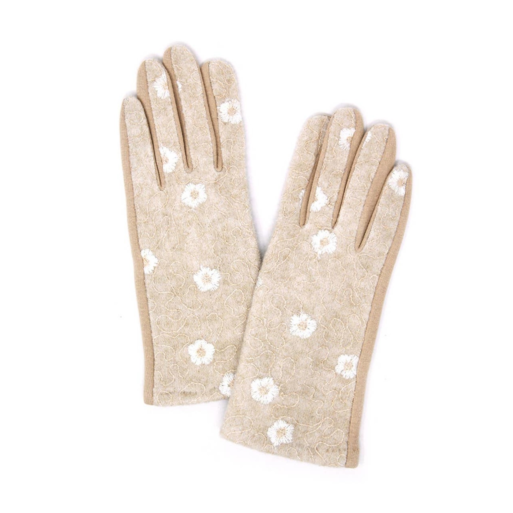 Floral Embroidery Stitched Gloves in Beige