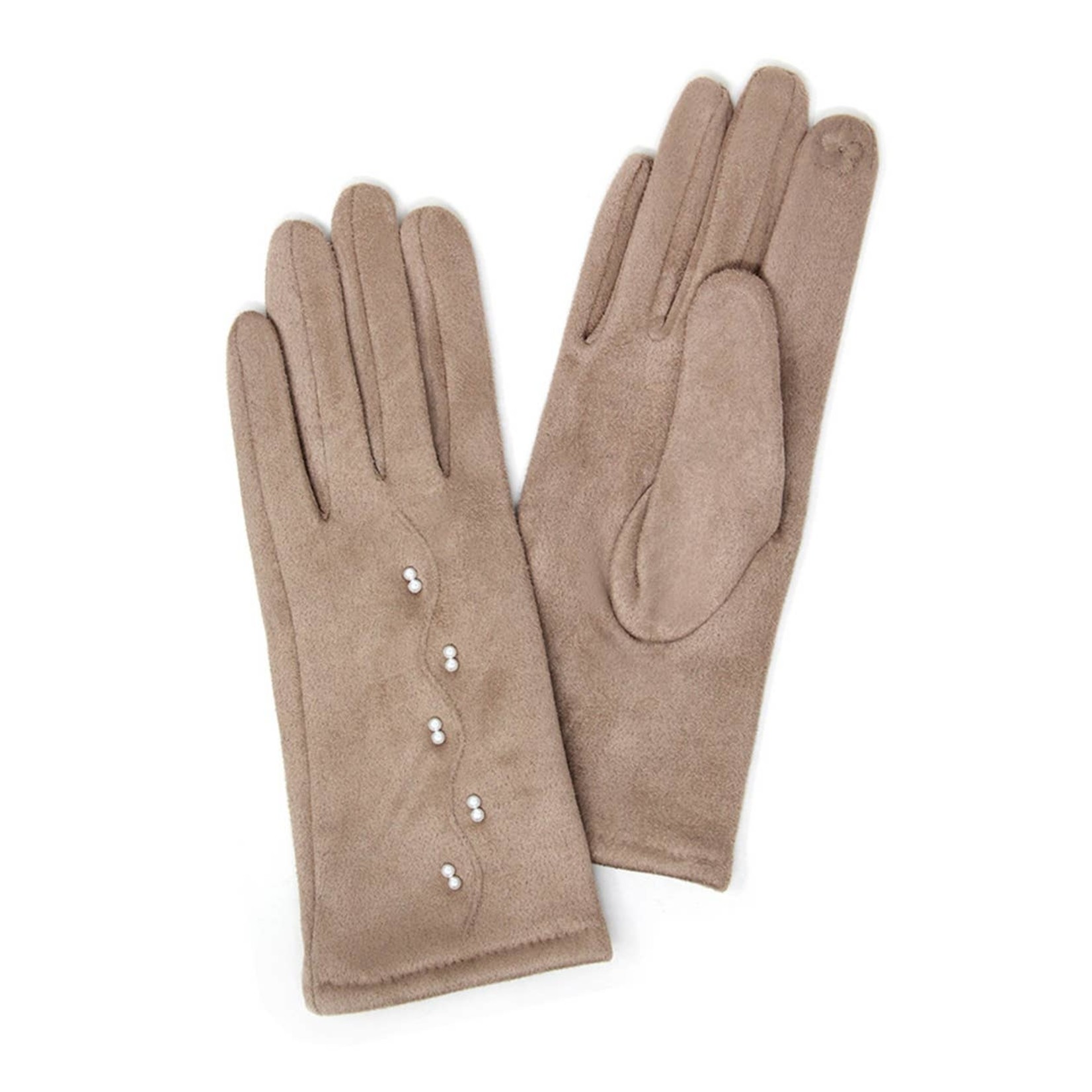 Faux Suede Texting Gloves w/Pearls in Taupe