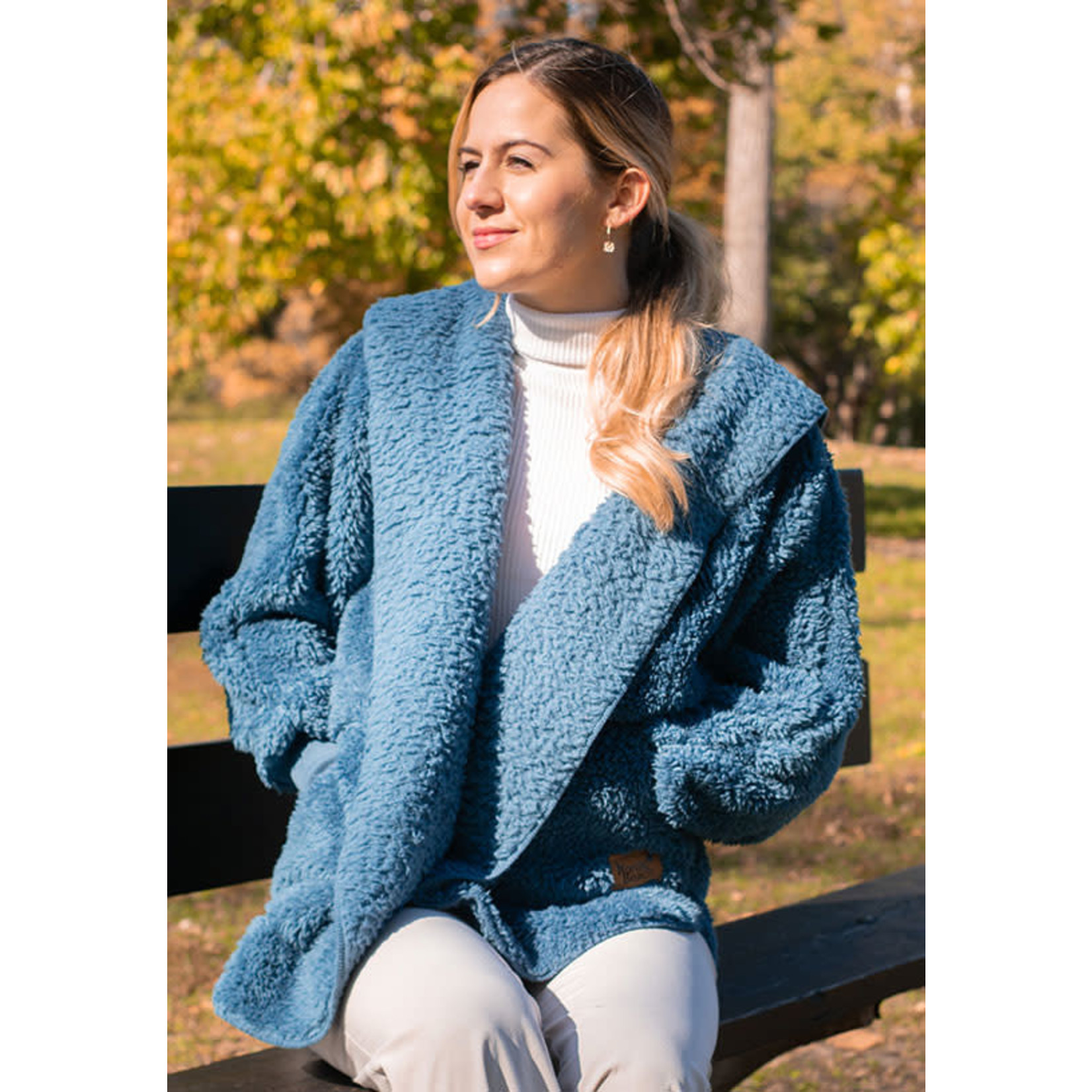 Nordic Beach Fuzzy Fleece Hooded Cardigan in Blue Denim