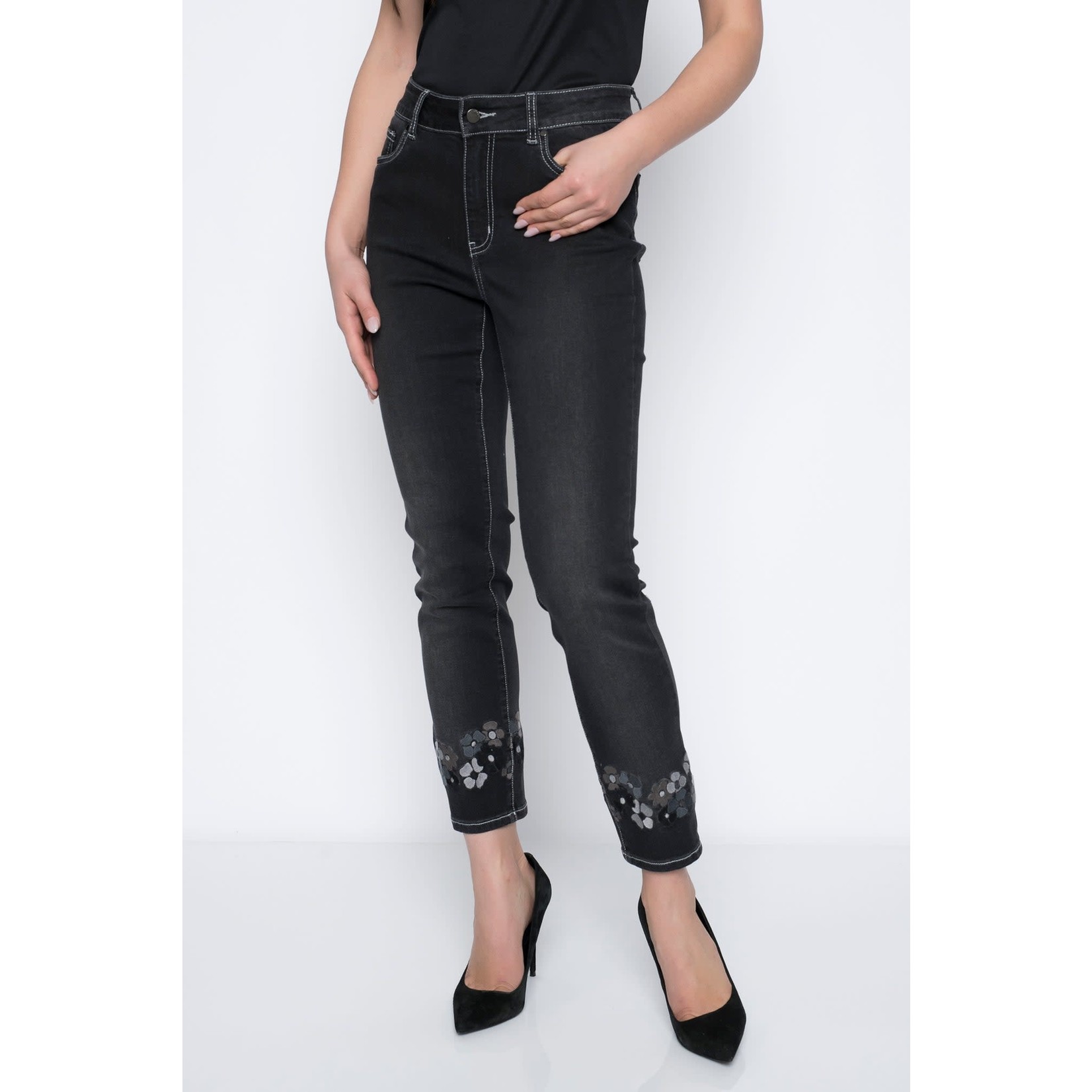 Picadilly Floral Embr Denim Pant in Charcoal