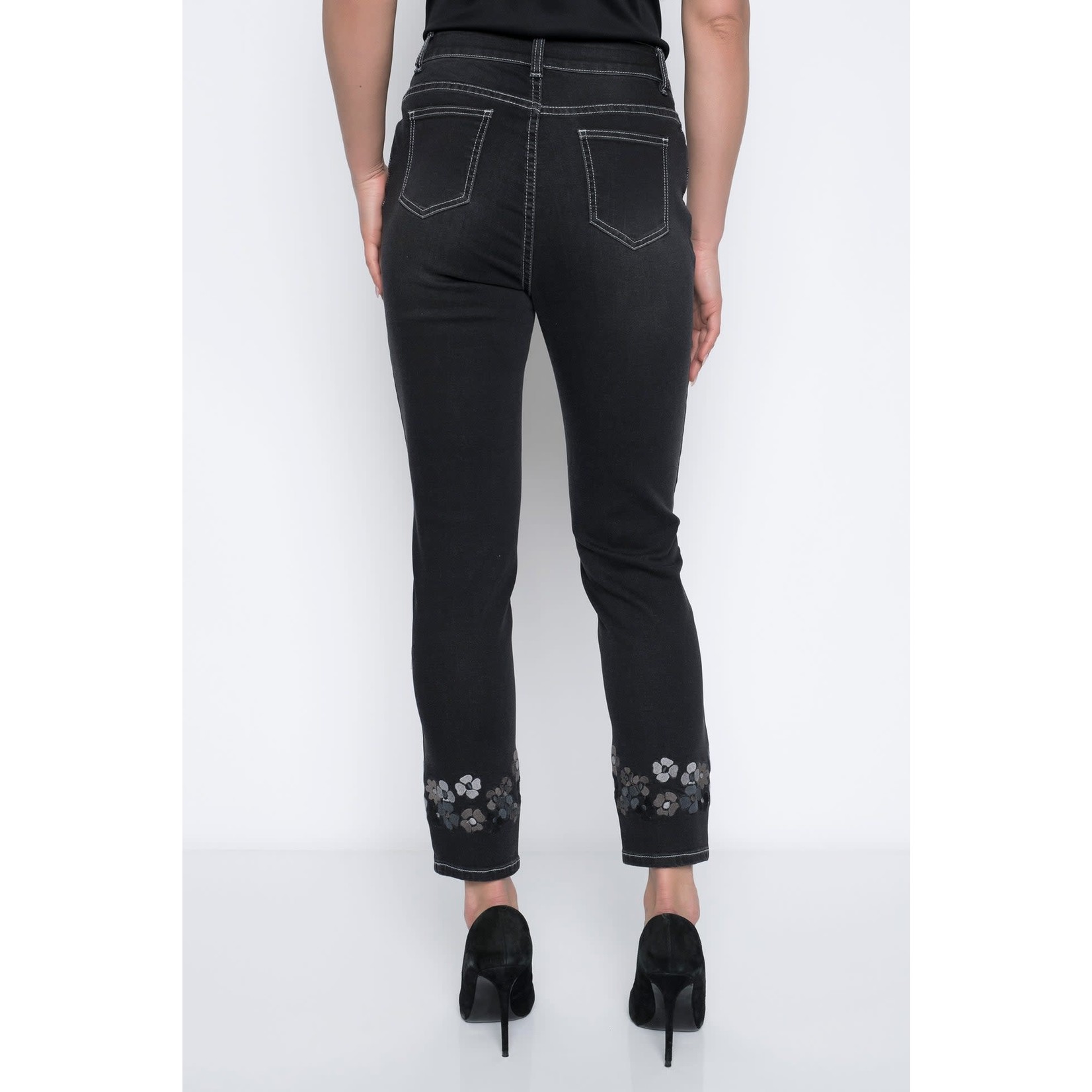 Picadilly Floral Embr Denim Pant in Charcoal